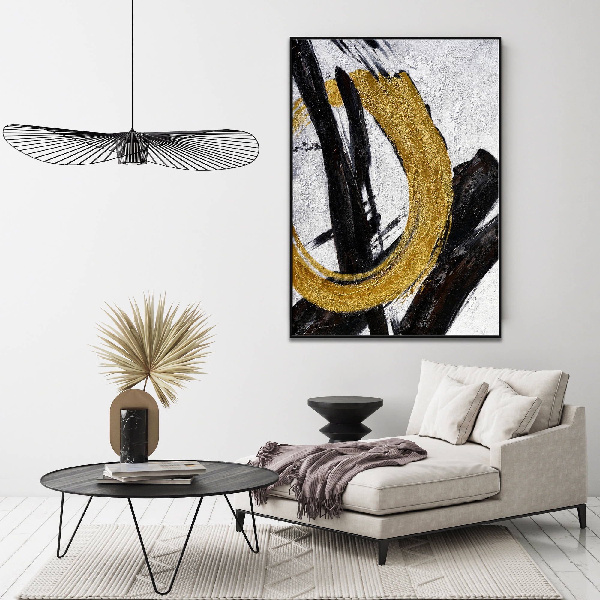 Hand painted Abstract Black and Gold Geometries 80x120cm