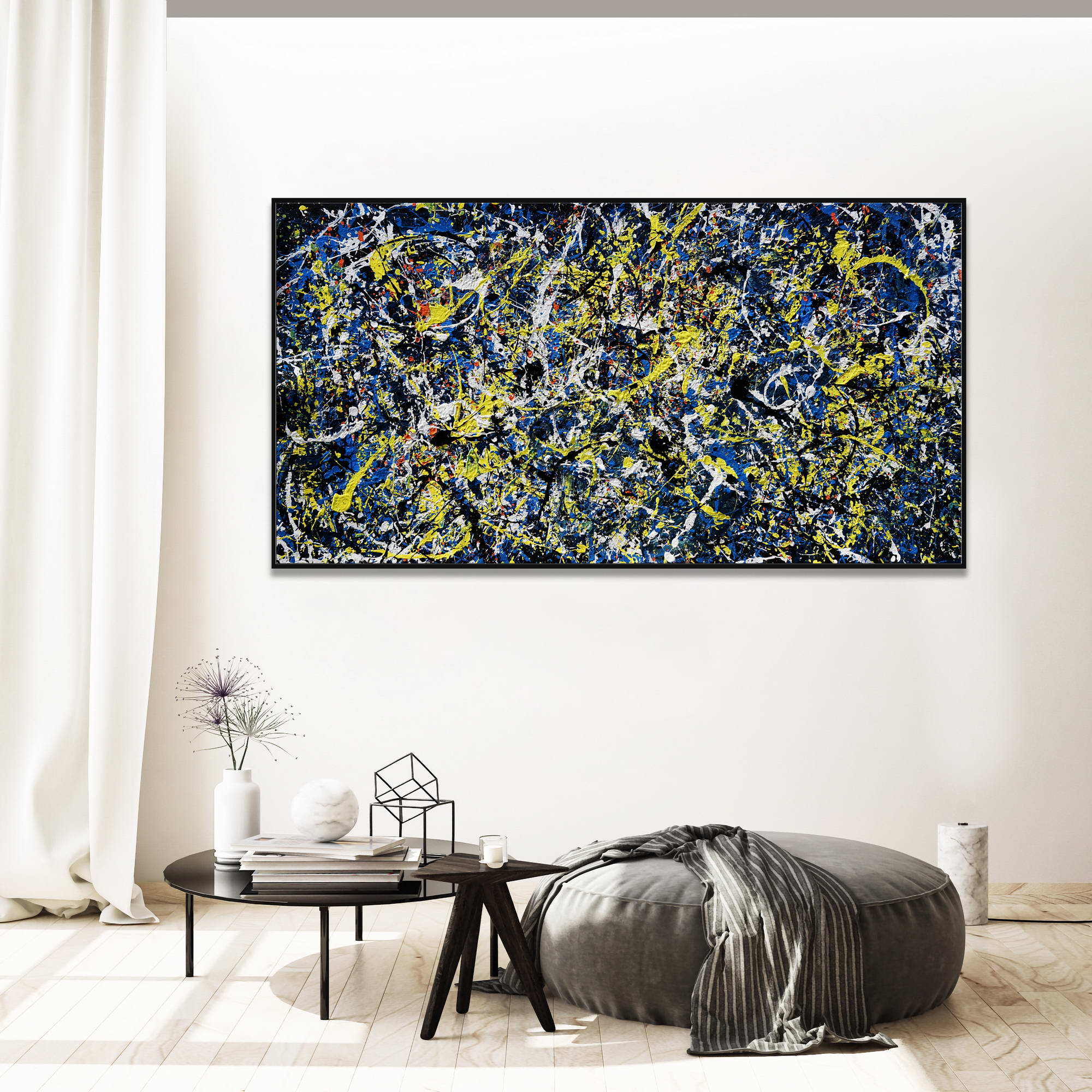 Hand painted Abstract Yellow and Blue Pollock style 75x150cm