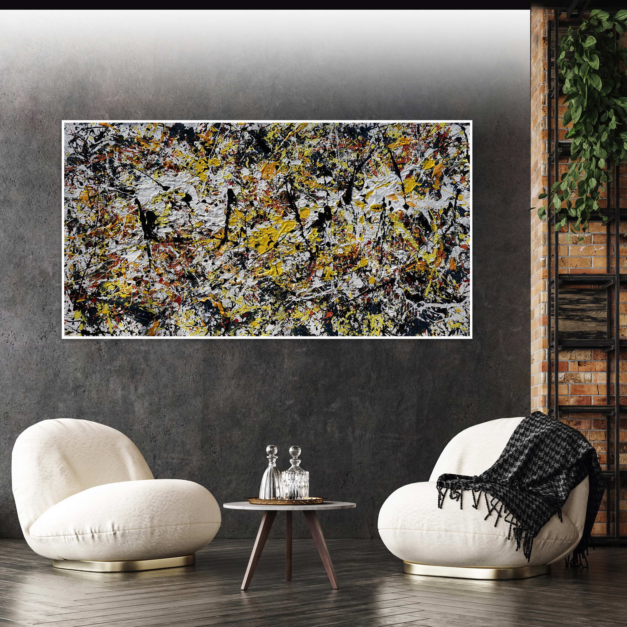 Dipinto a mano Astratto Giallo e Nero stile Pollock 75x150cm