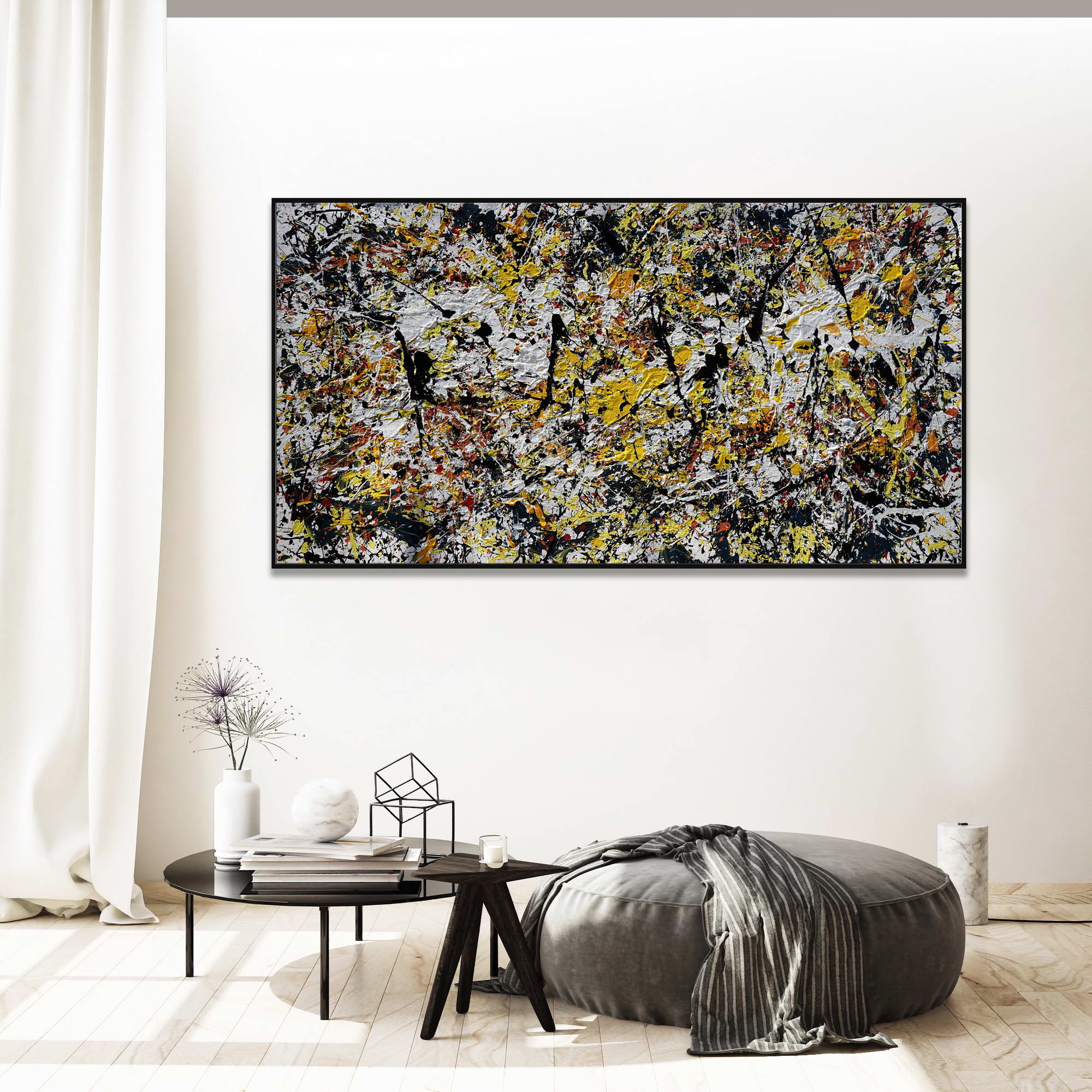 Hand painted Abstract Yellow and Black Pollock style 75x150cm