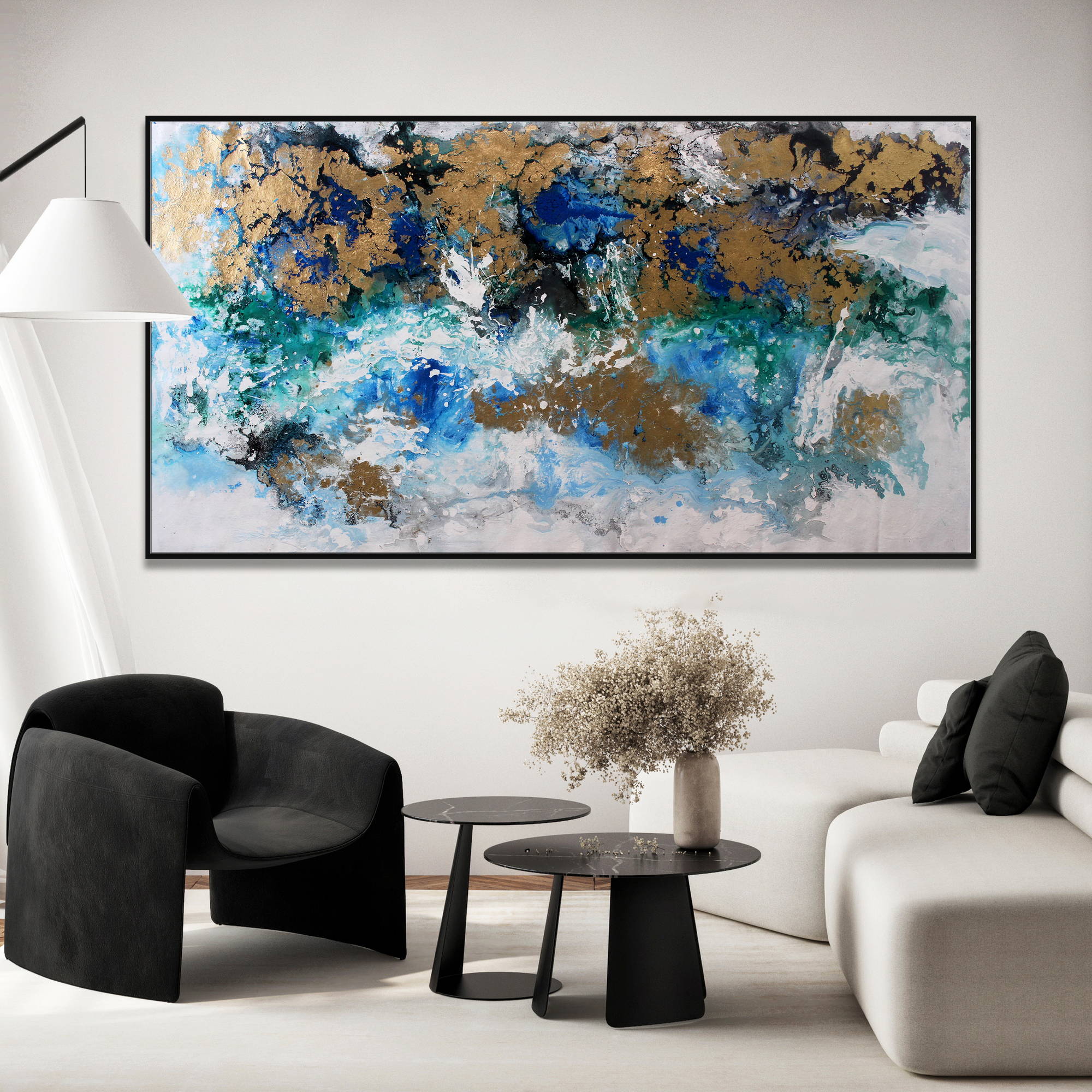 Hand painted Abstract in blue and white gold 90x180cm