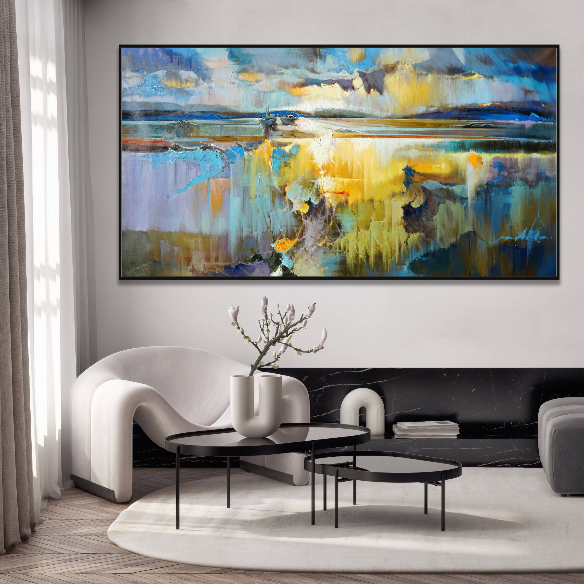 Hand painted Abstract Seascape at sunset 90x180cm