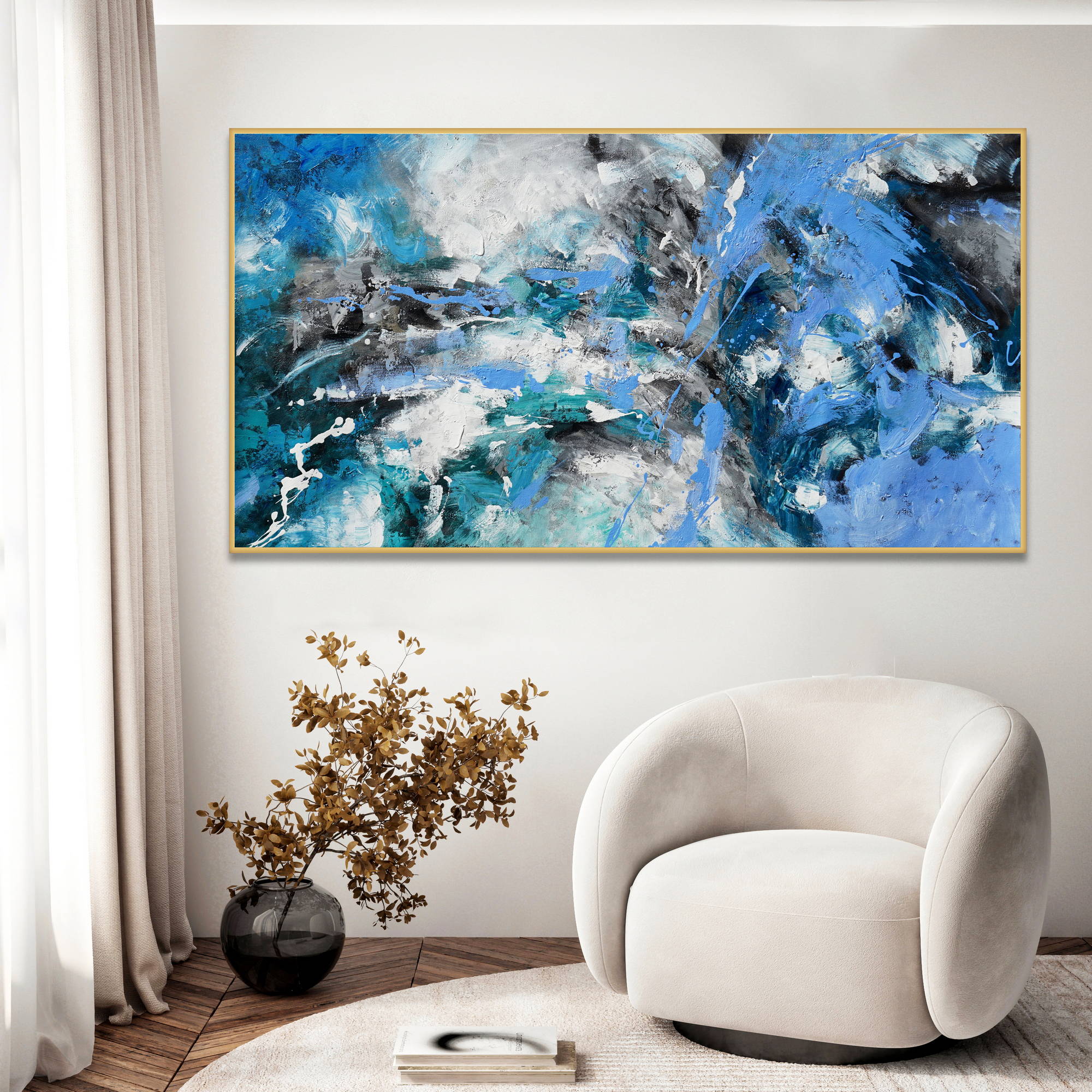 Hand painted Abstract Material Blue and Gray 90x180cm