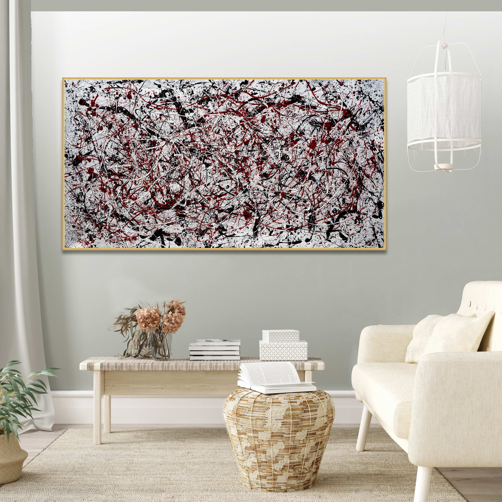 Hand painted Abstract Red and Black Pollock style 75x150cm