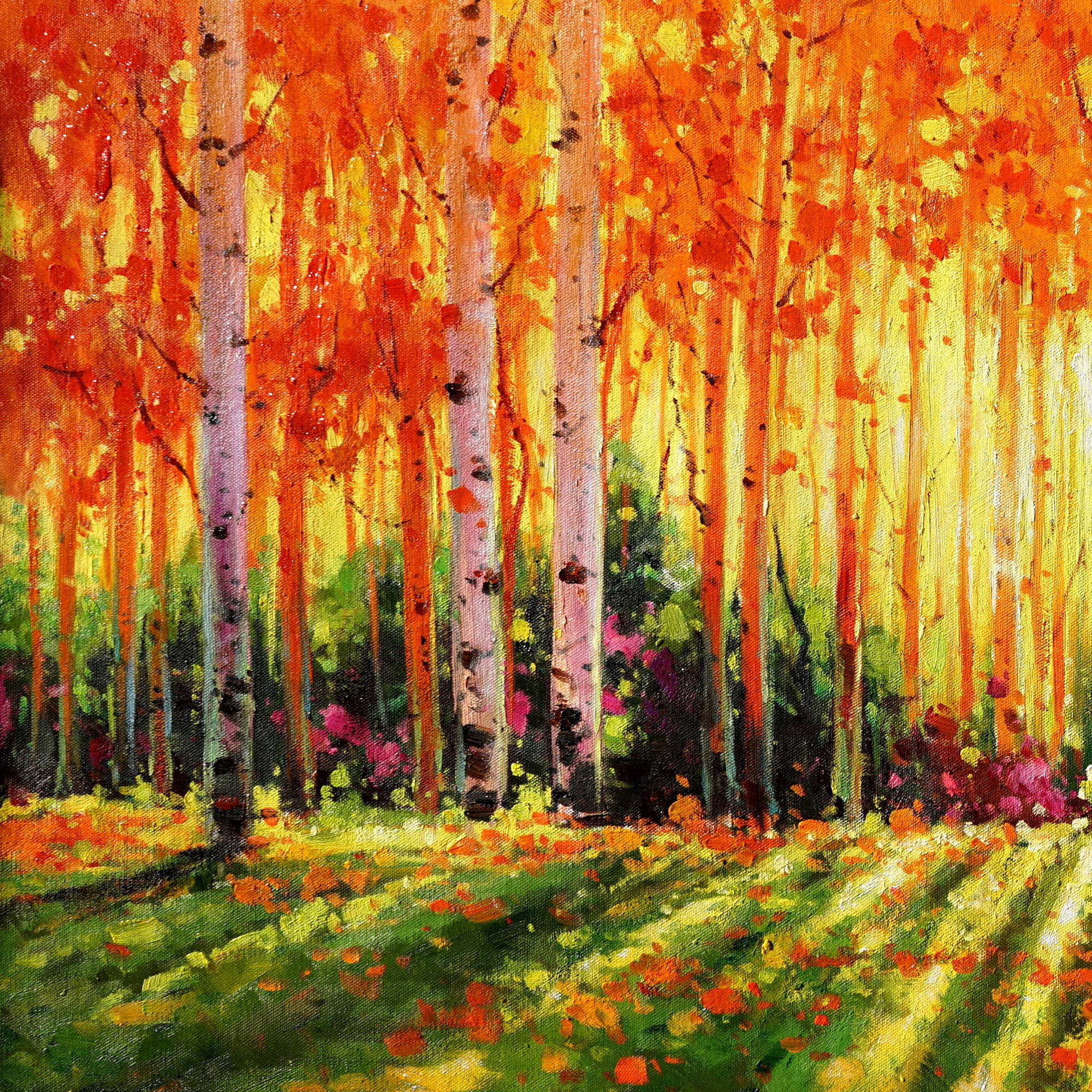 Hand painted Autumn in a birch forest 75x150cm