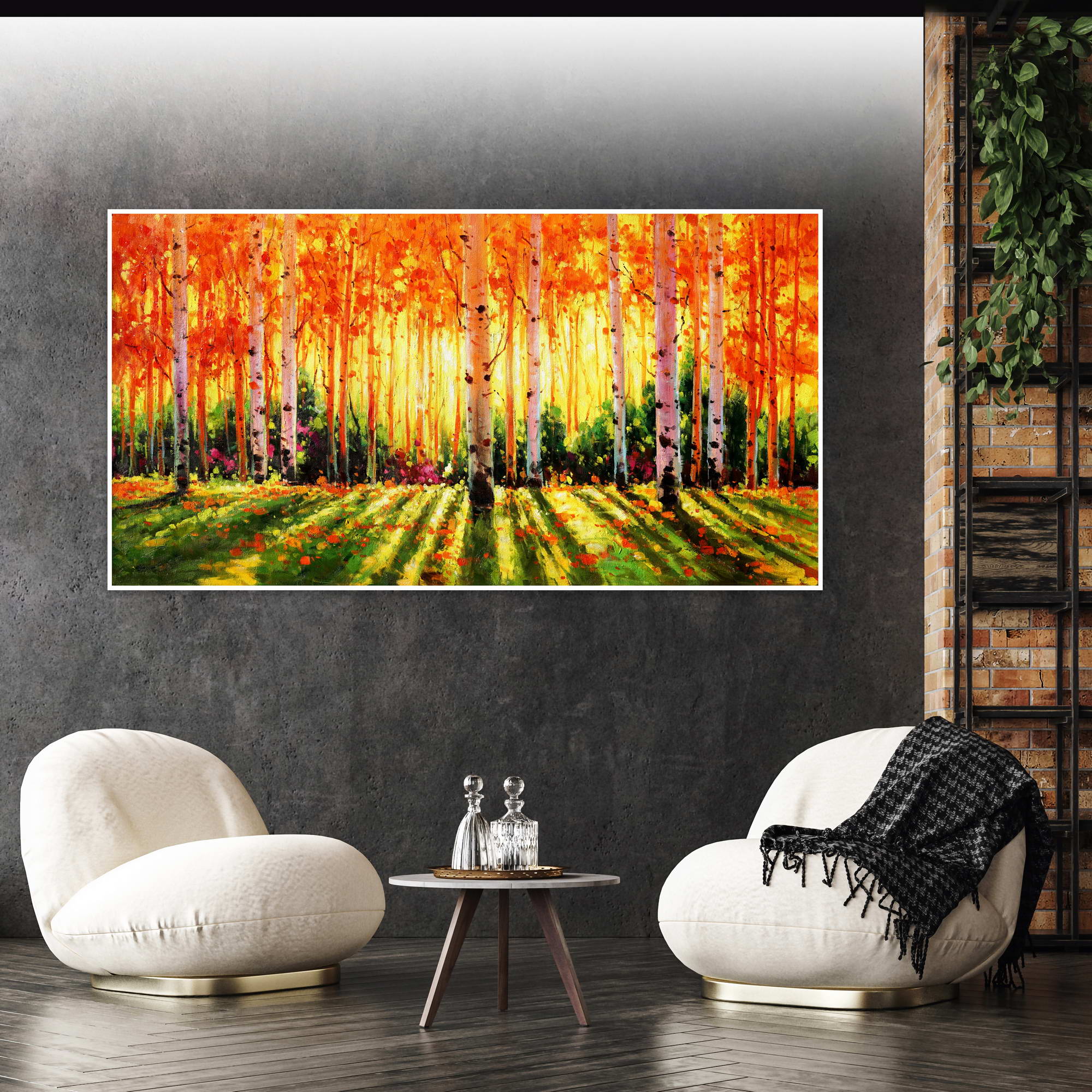 Hand painted Autumn in a birch forest 75x150cm