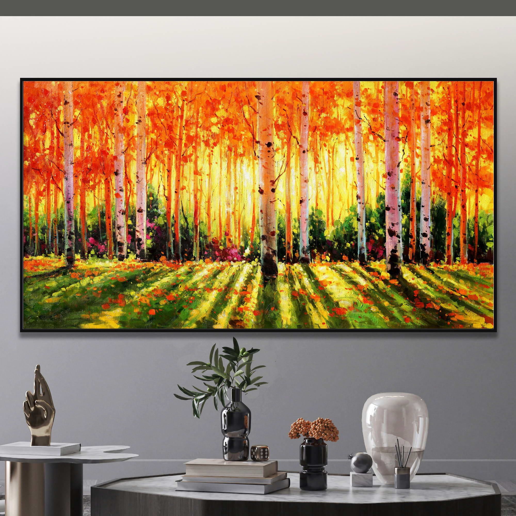 Quadro di un bosco di betulle in autunno con colori caldi