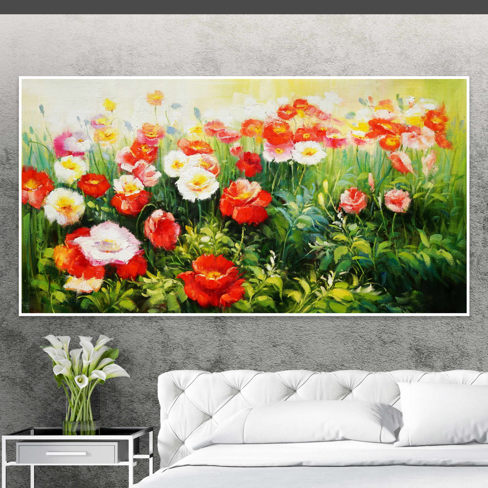 Dipinto ad olio di un campo fiorito con fiori rossi, rosa e bianchi.