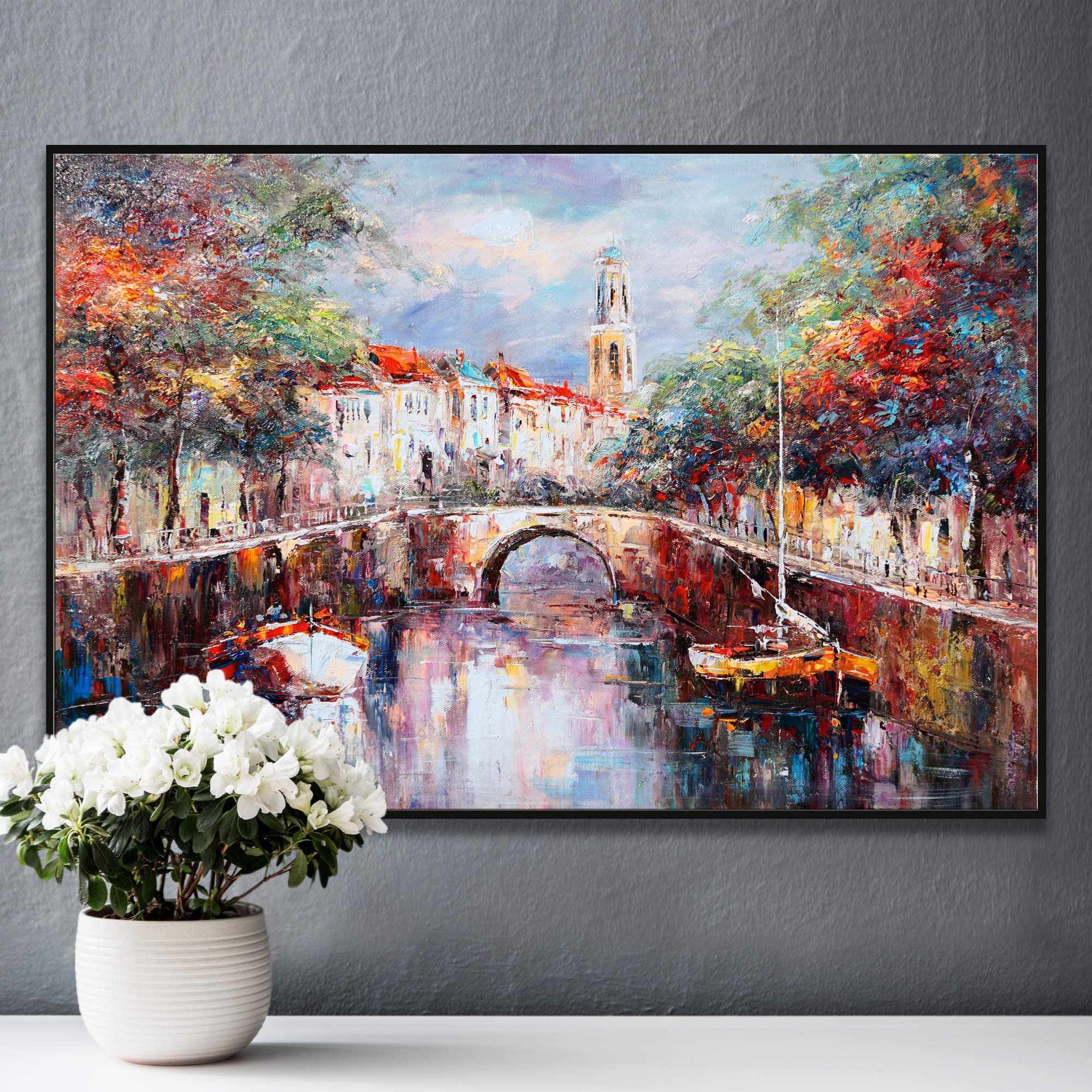 Hand painted Dutch Canal Amsterdam Boats 60x90cm