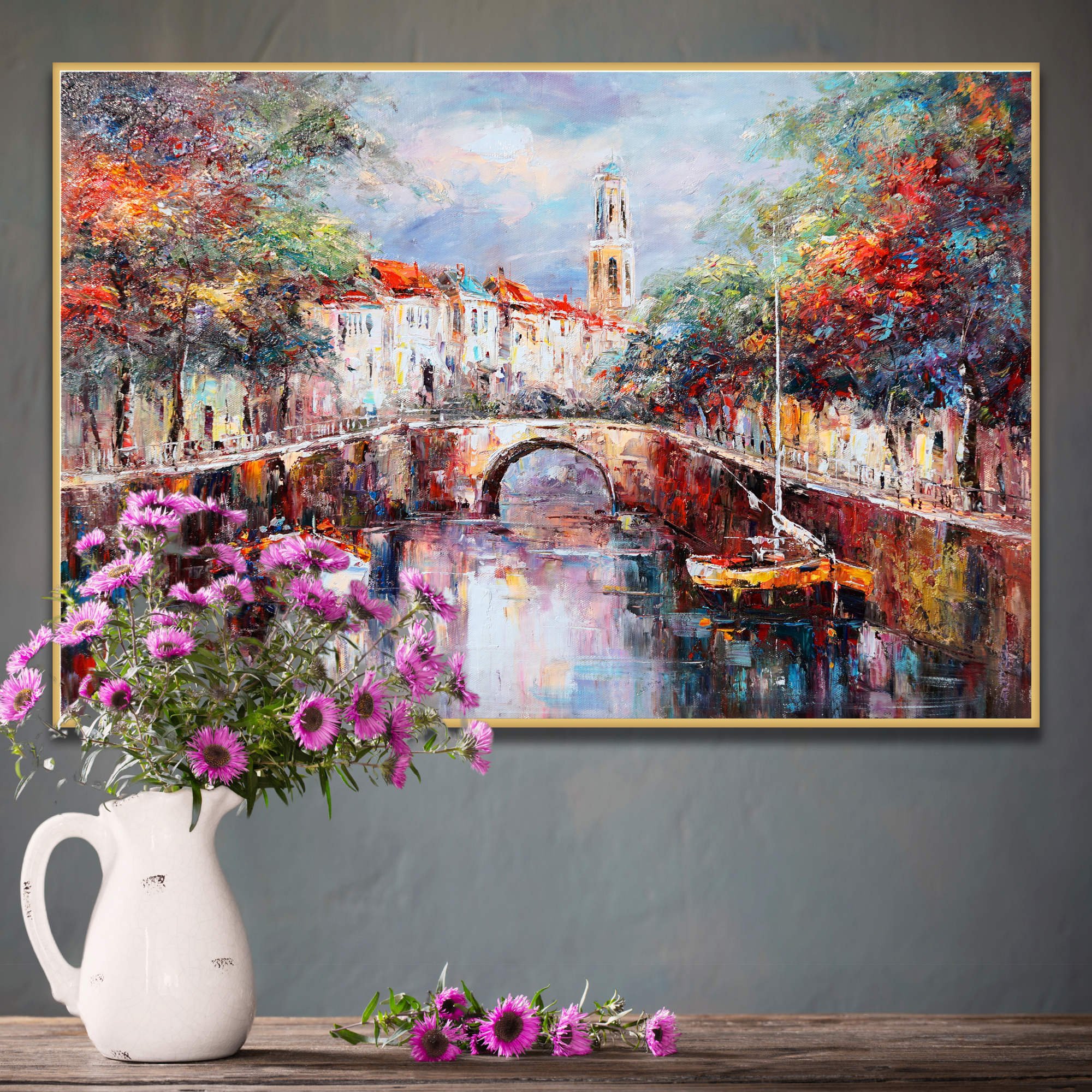 Hand painted Dutch Canal Amsterdam Boats 60x90cm
