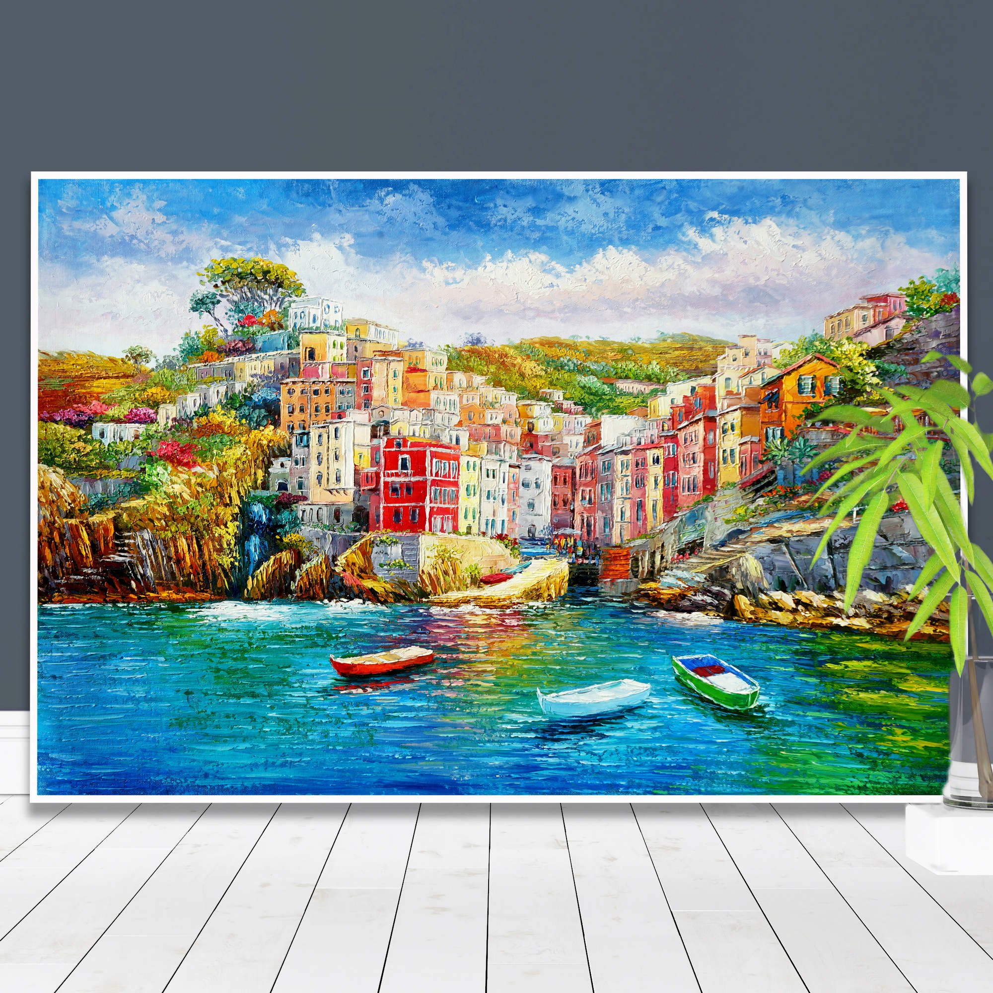 Dipinto delle Cinque Terre, Riomaggiore con le sue case colorate