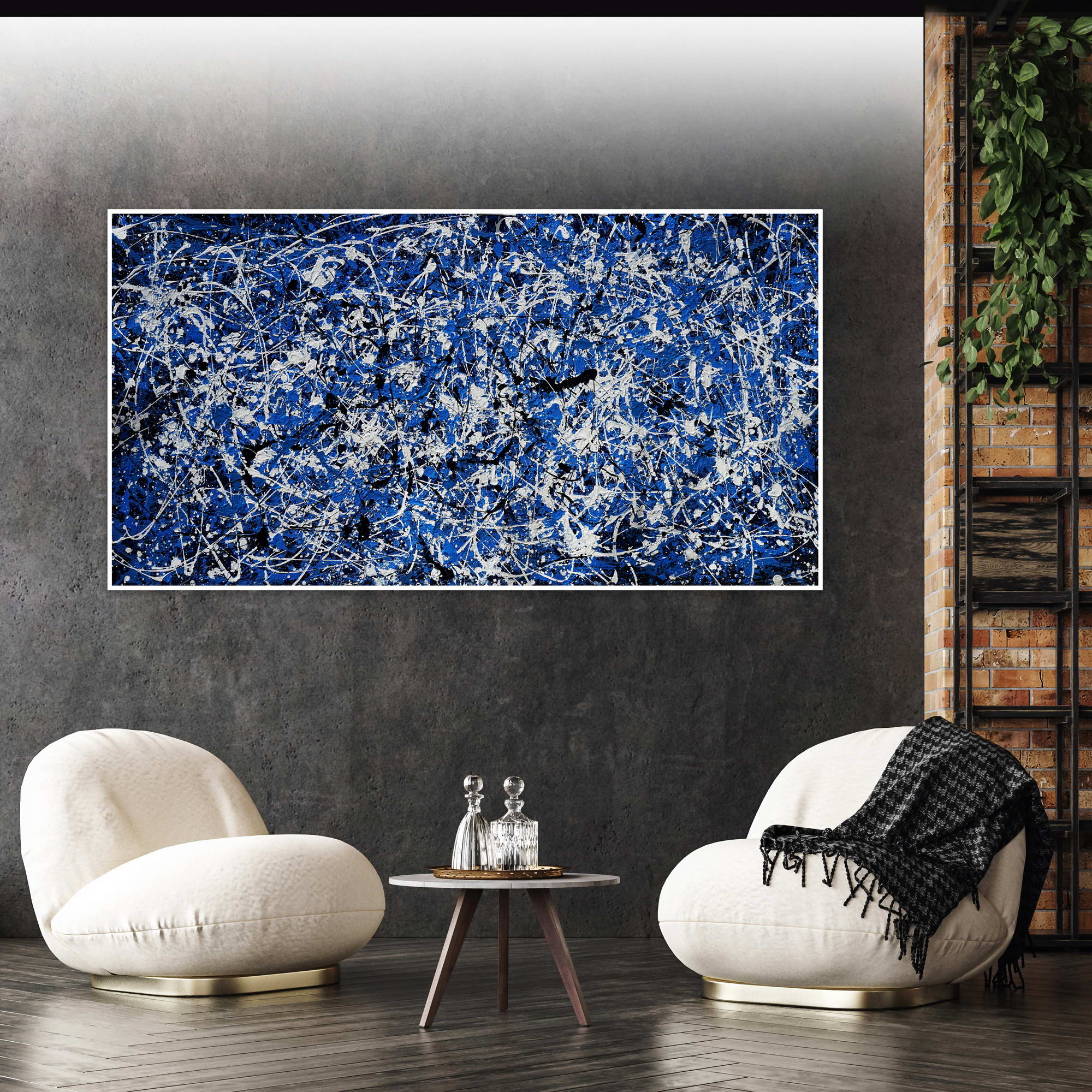 Hand painted Abstract Composition in Blue Pollock style 75x150cm