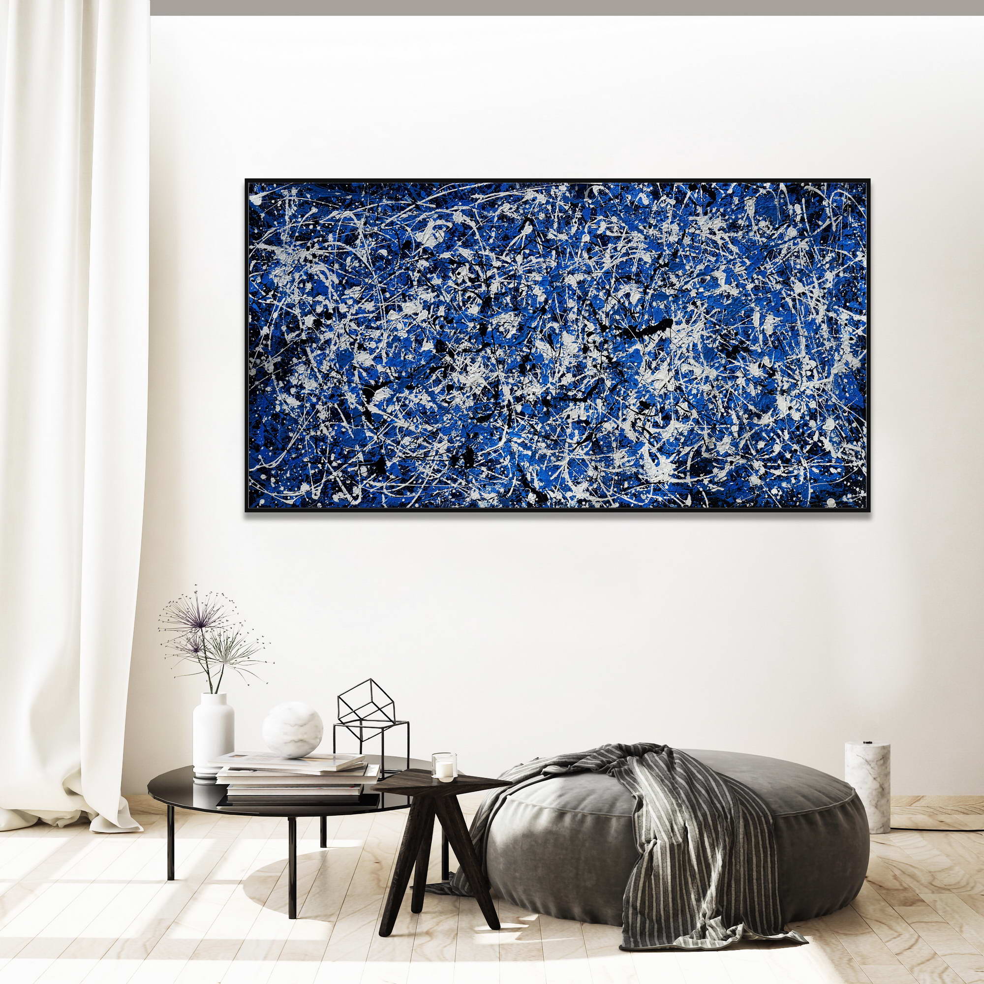 Dipinto a mano Composizione Astratta in Blu stile Pollock 75x150cm