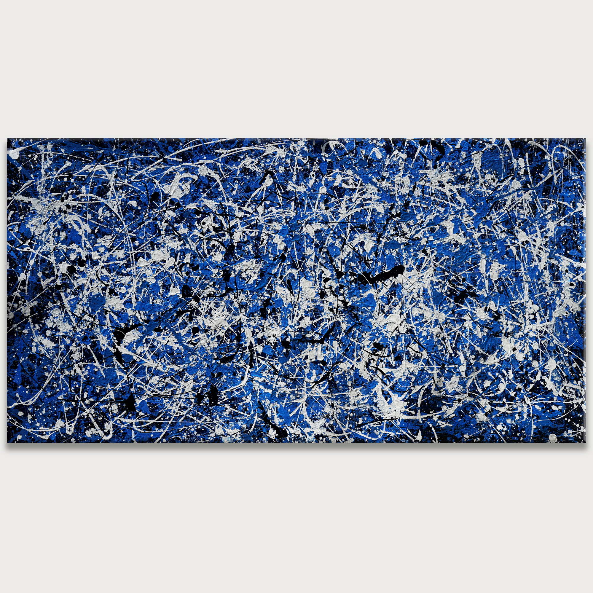 Dipinto a mano Composizione Astratta in Blu stile Pollock 75x150cm