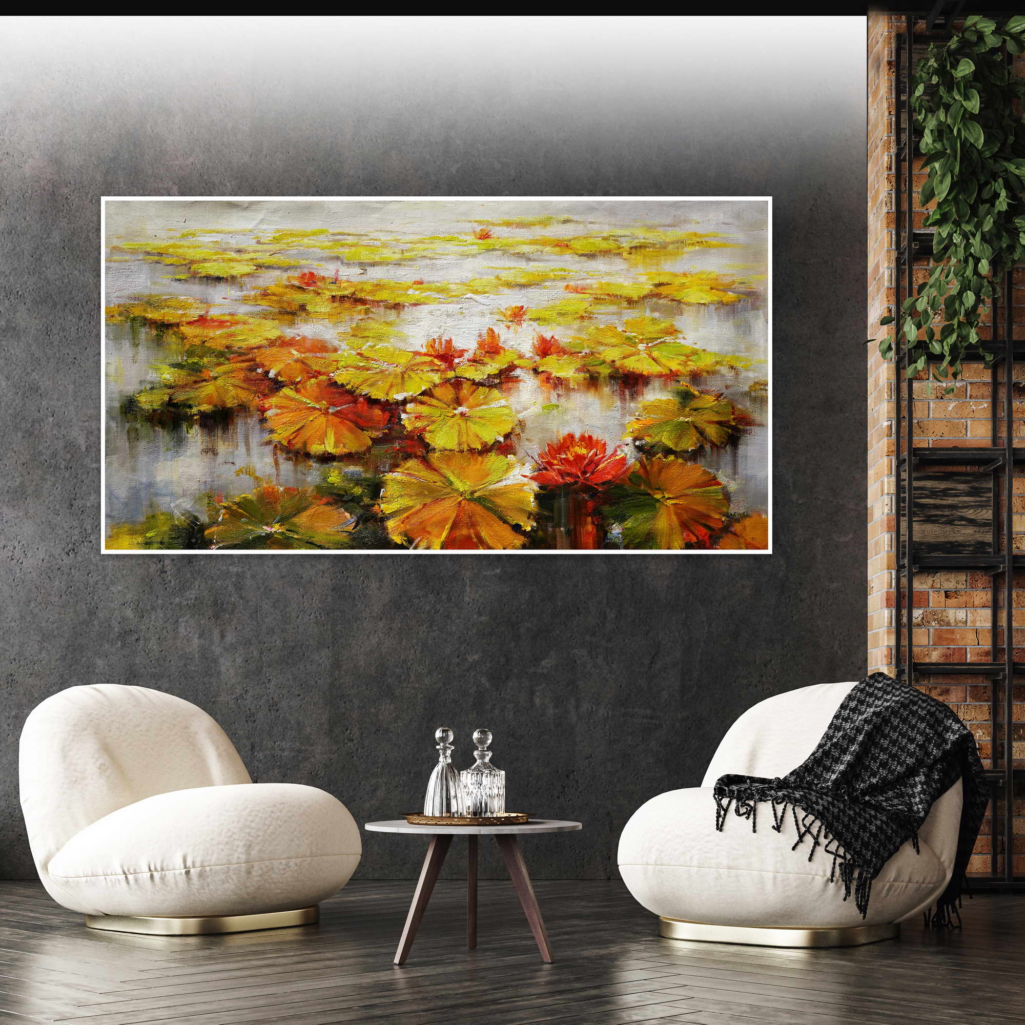 Hand painted Water lily lake 75x150cm