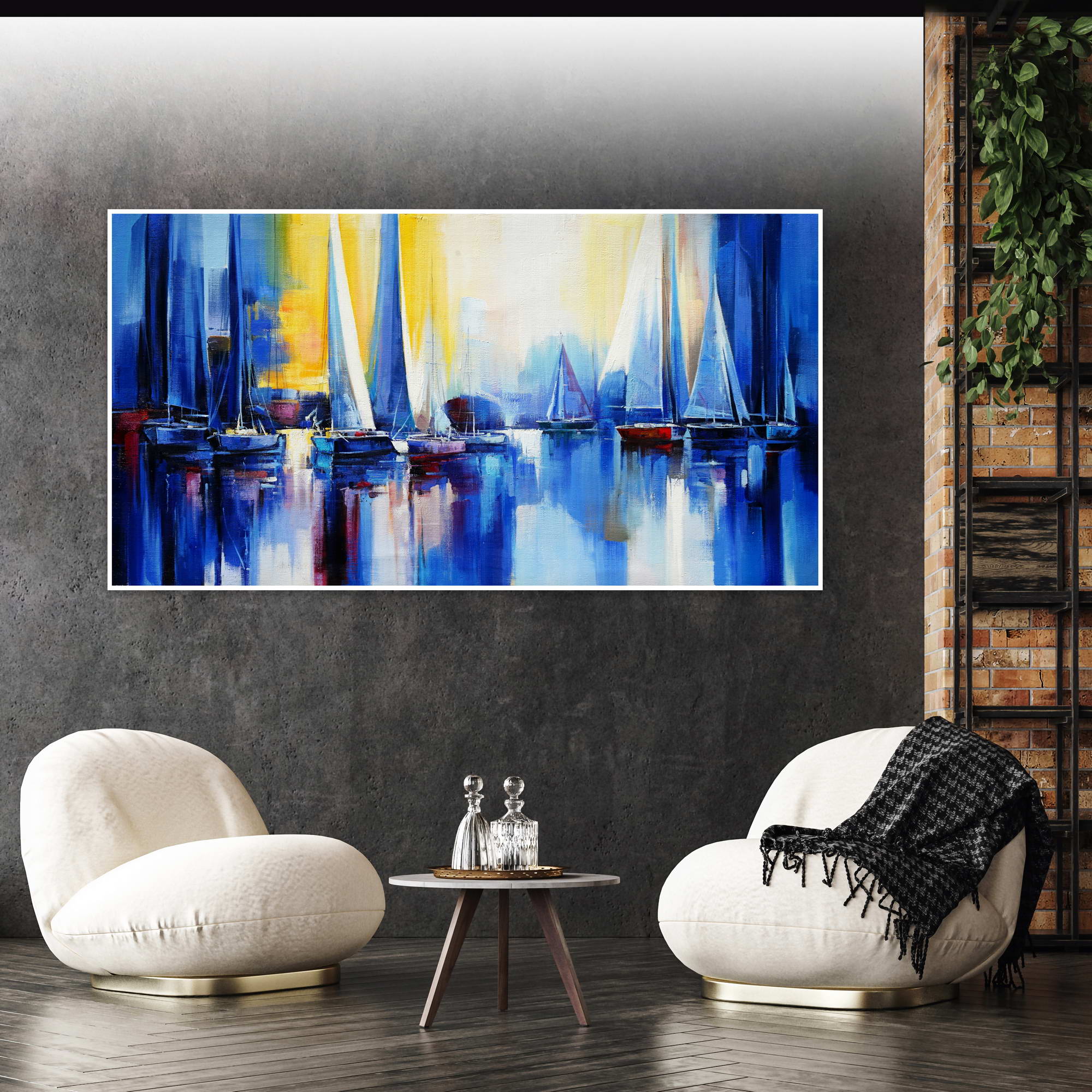 Hand painted Marina at sunset Abstract 75x150cm