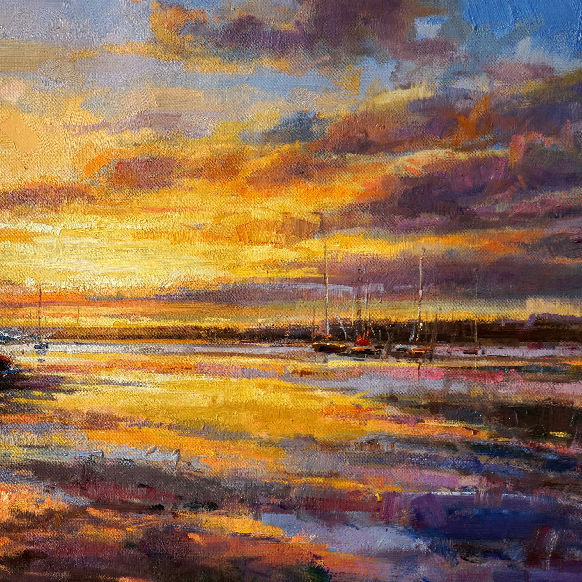 Hand painted Marina at sunset Sailboats 60x120cm