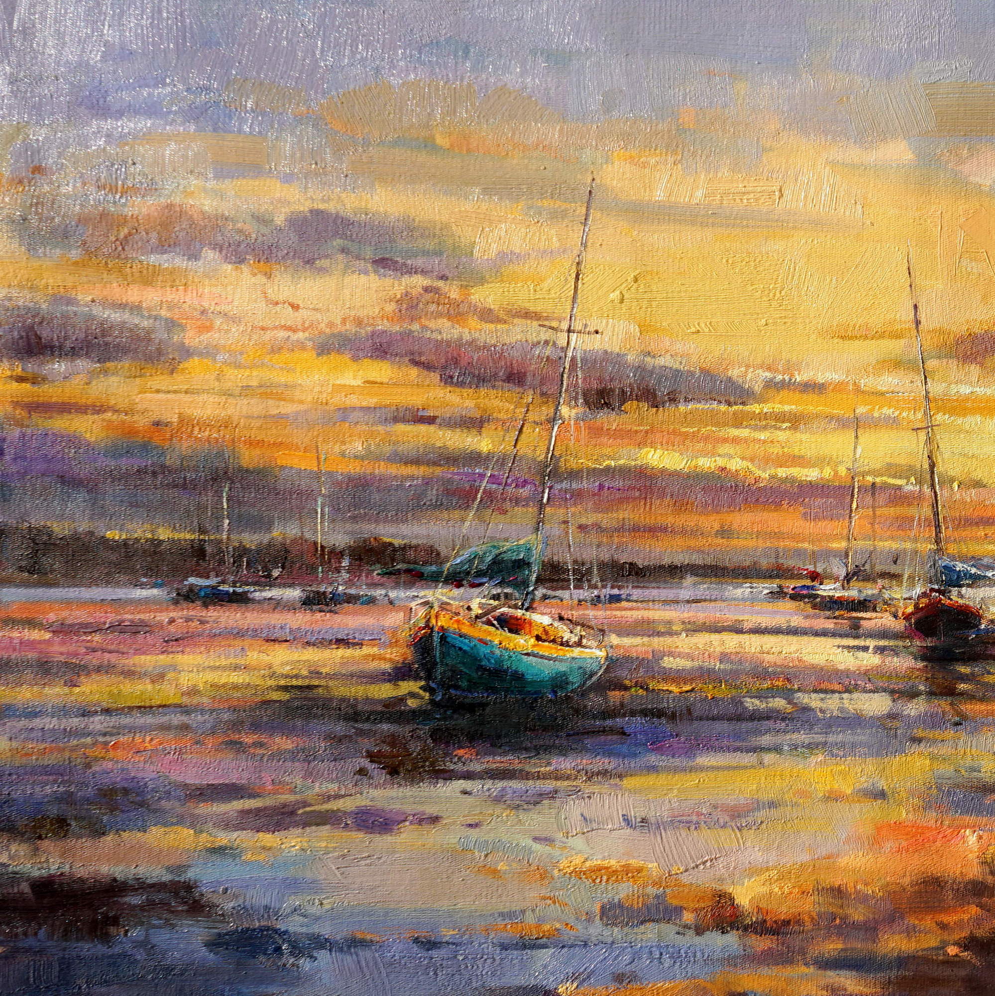 Hand painted Marina at sunset Sailboats 60x120cm