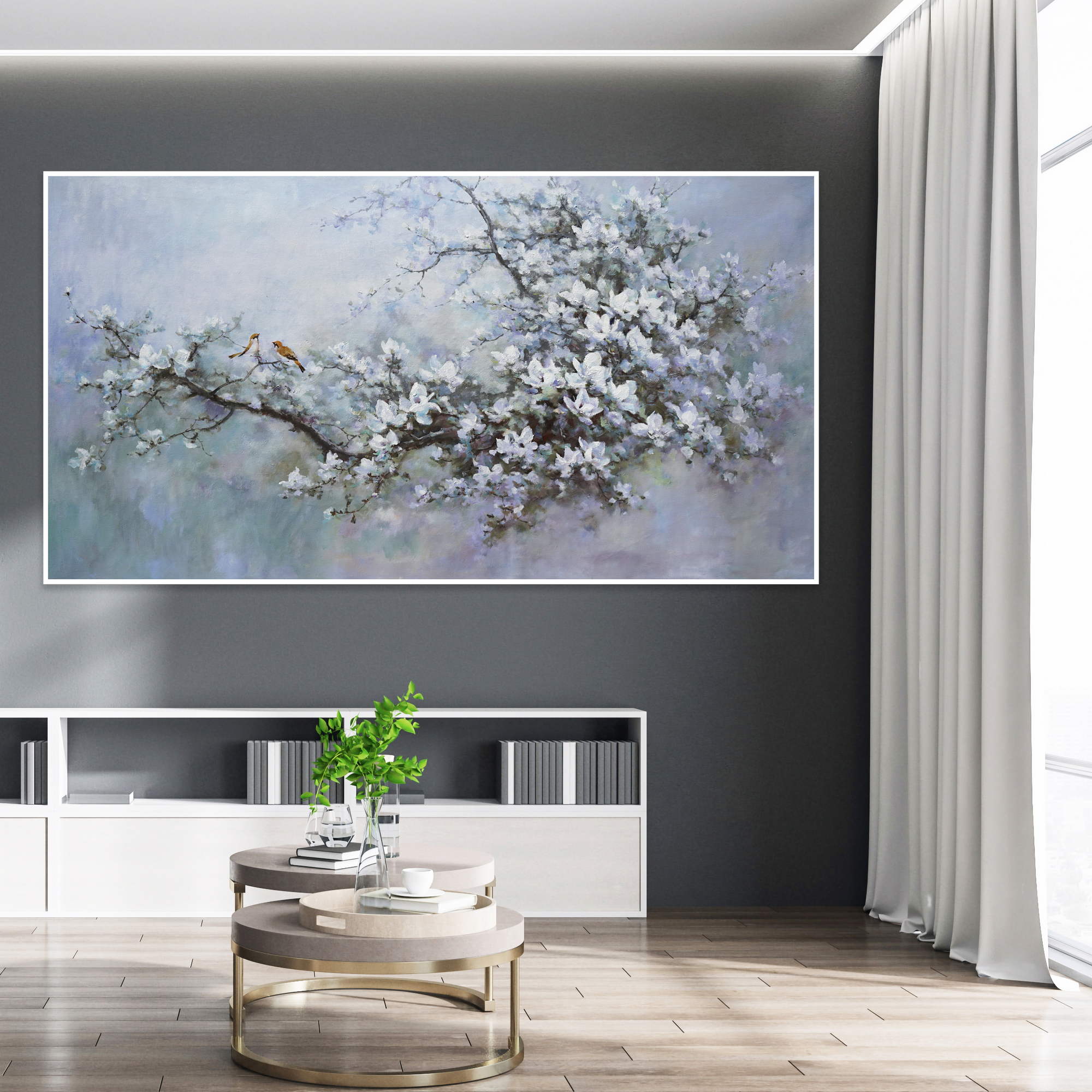 Dipinto di un ciliegio in fiore con fiori bianchi e uccelli
