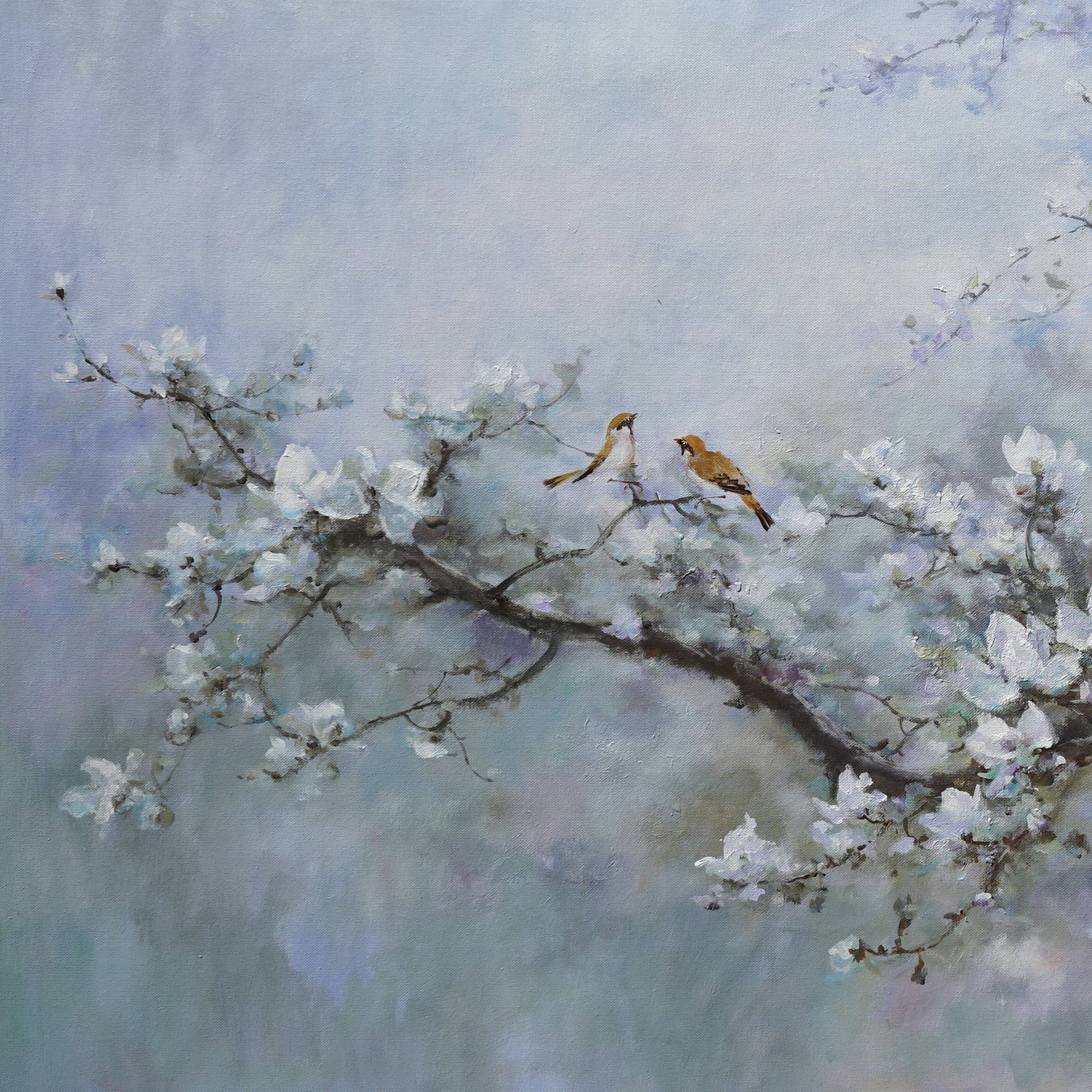Hand painted Nature Cherry Blossom Sparrows 90x180cm