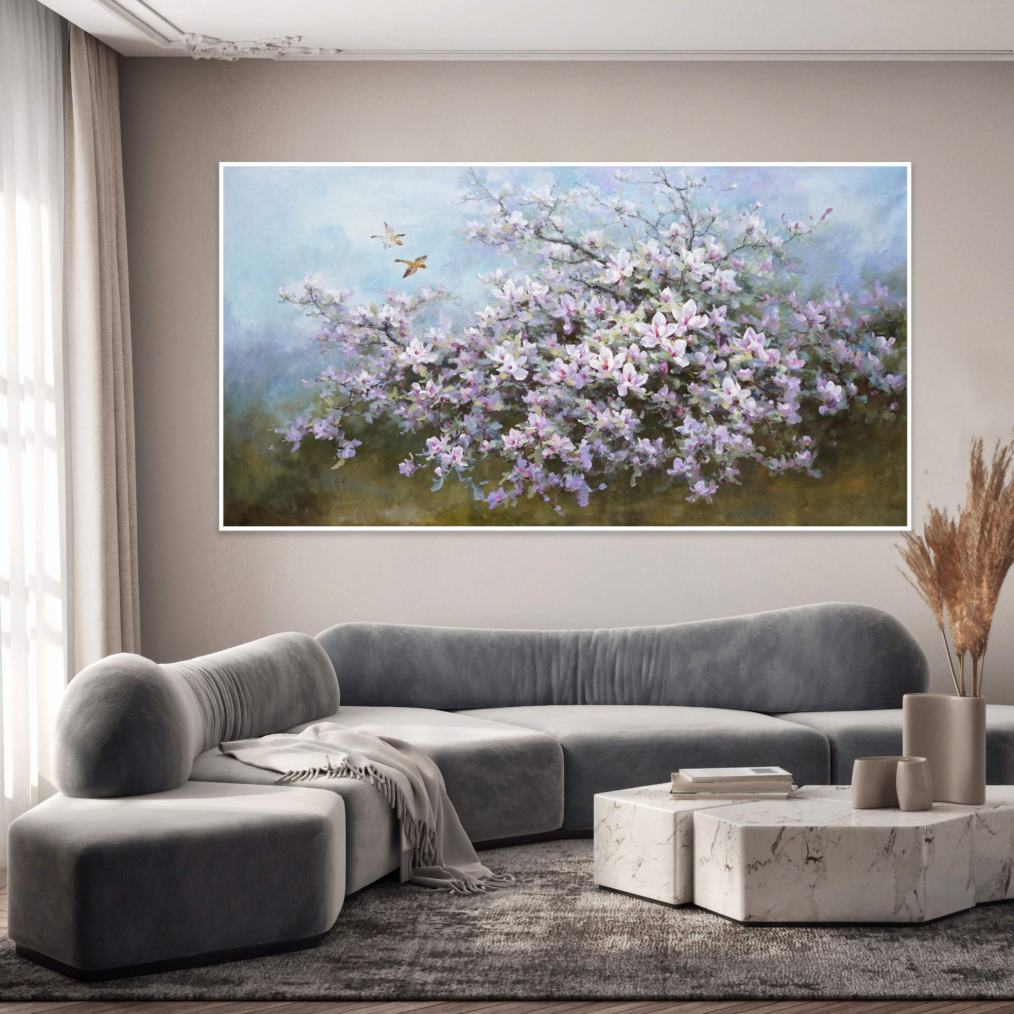 Hand painted Nature Magnolias in Bloom 90x180cm
