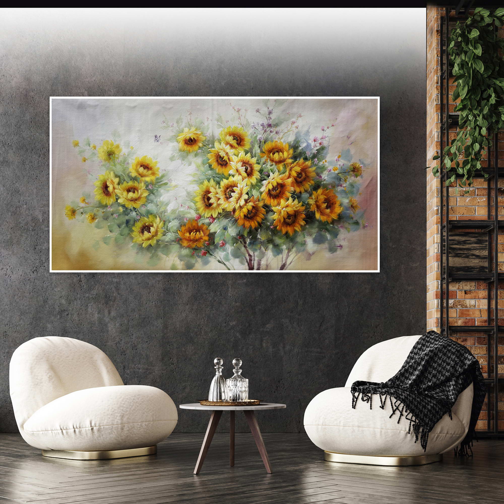 Hand painted Still Life with Sunflowers 75x150cm