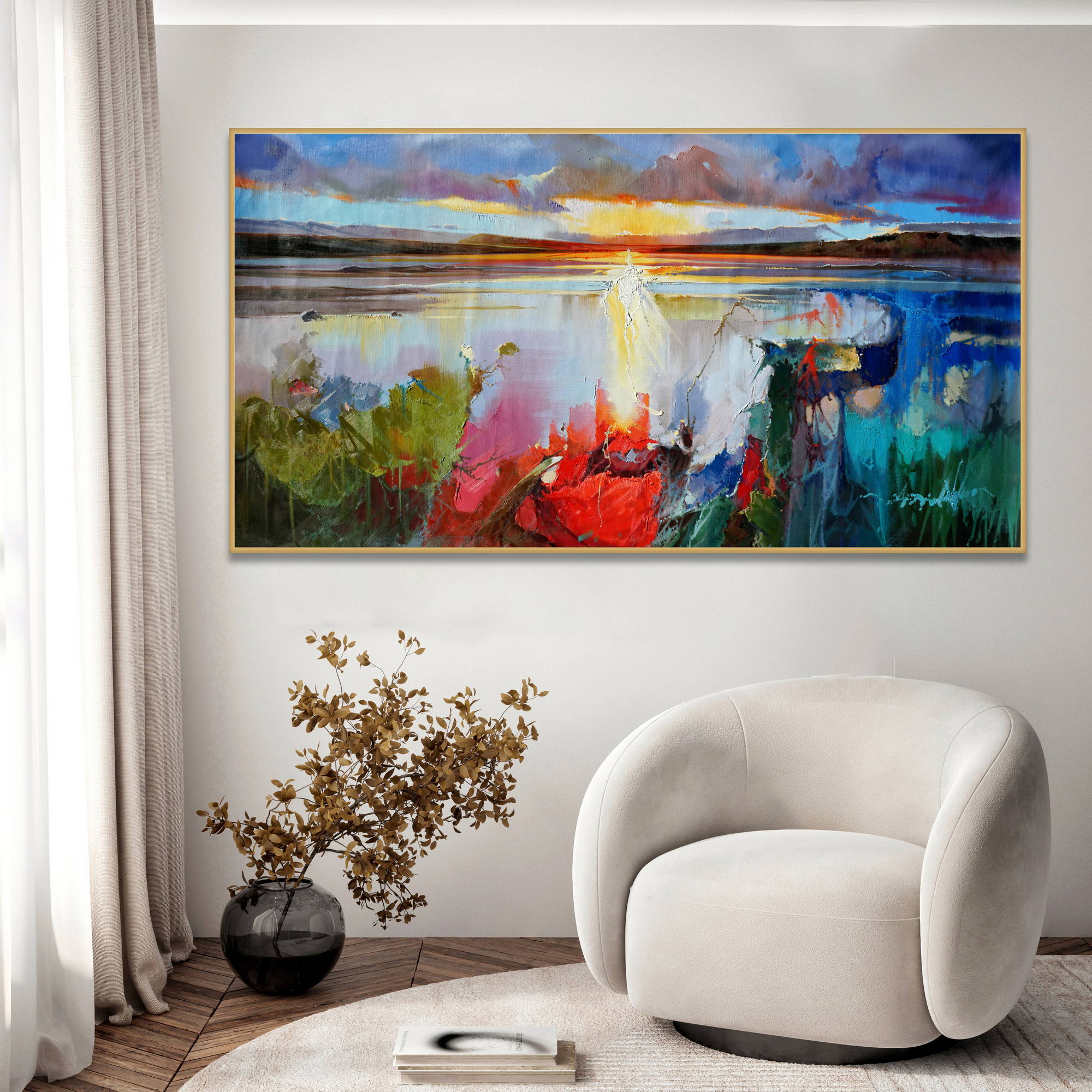 Hand painted Abstract Landscape at sunset 90x180cm