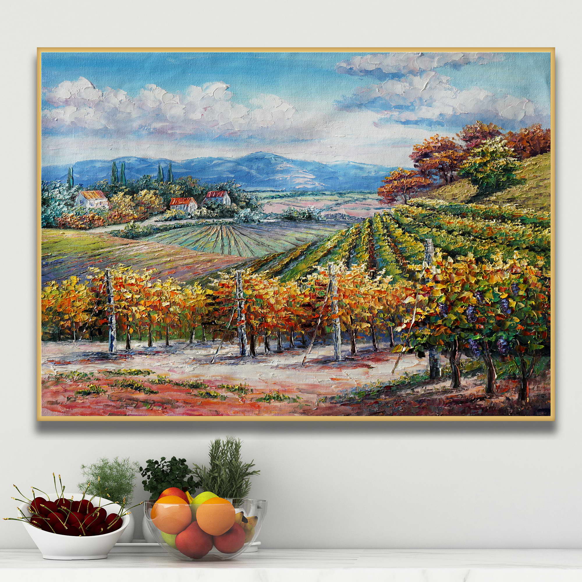 Dipinto di vigne sulle colline della Valpolicella e cielo nuvoloso
