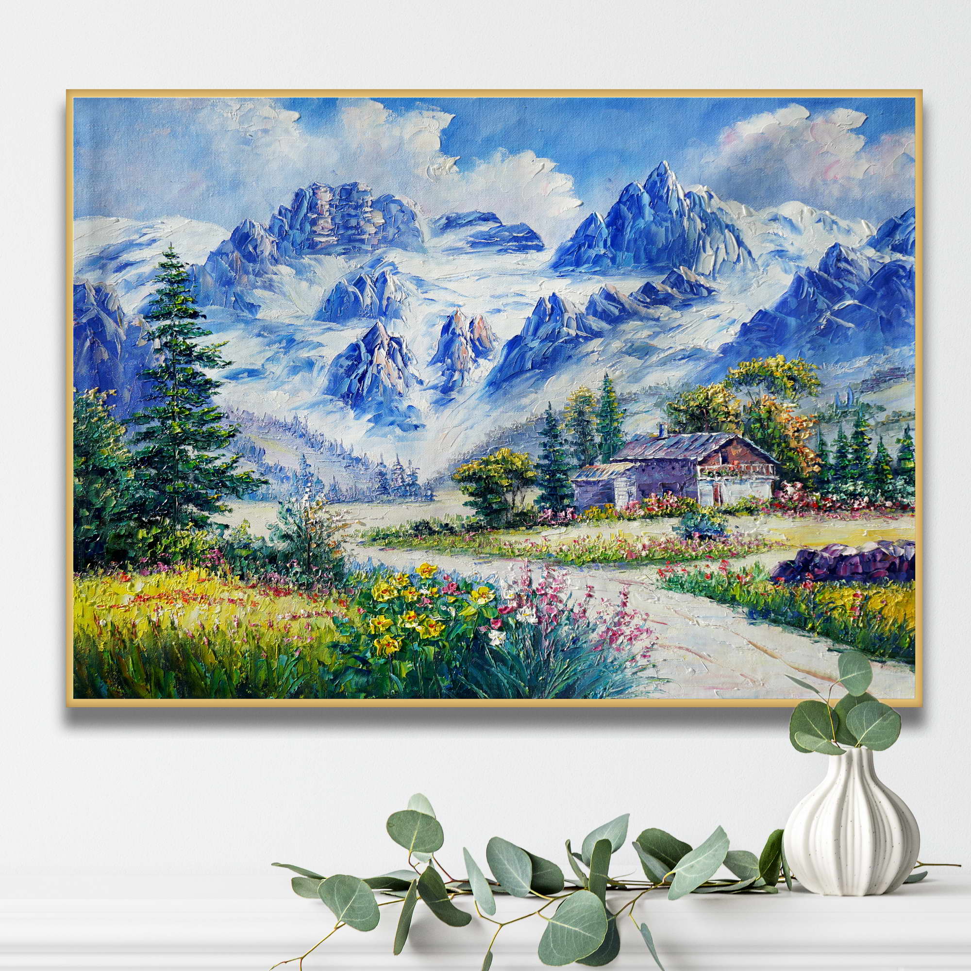 Dipinto di un paesaggio montano con una casetta immersa nei fiori
