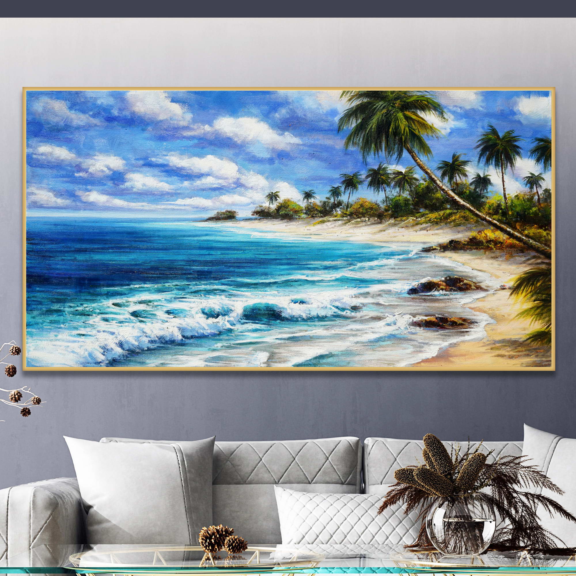 Quadro di una spiaggia tropicale con palme e mare