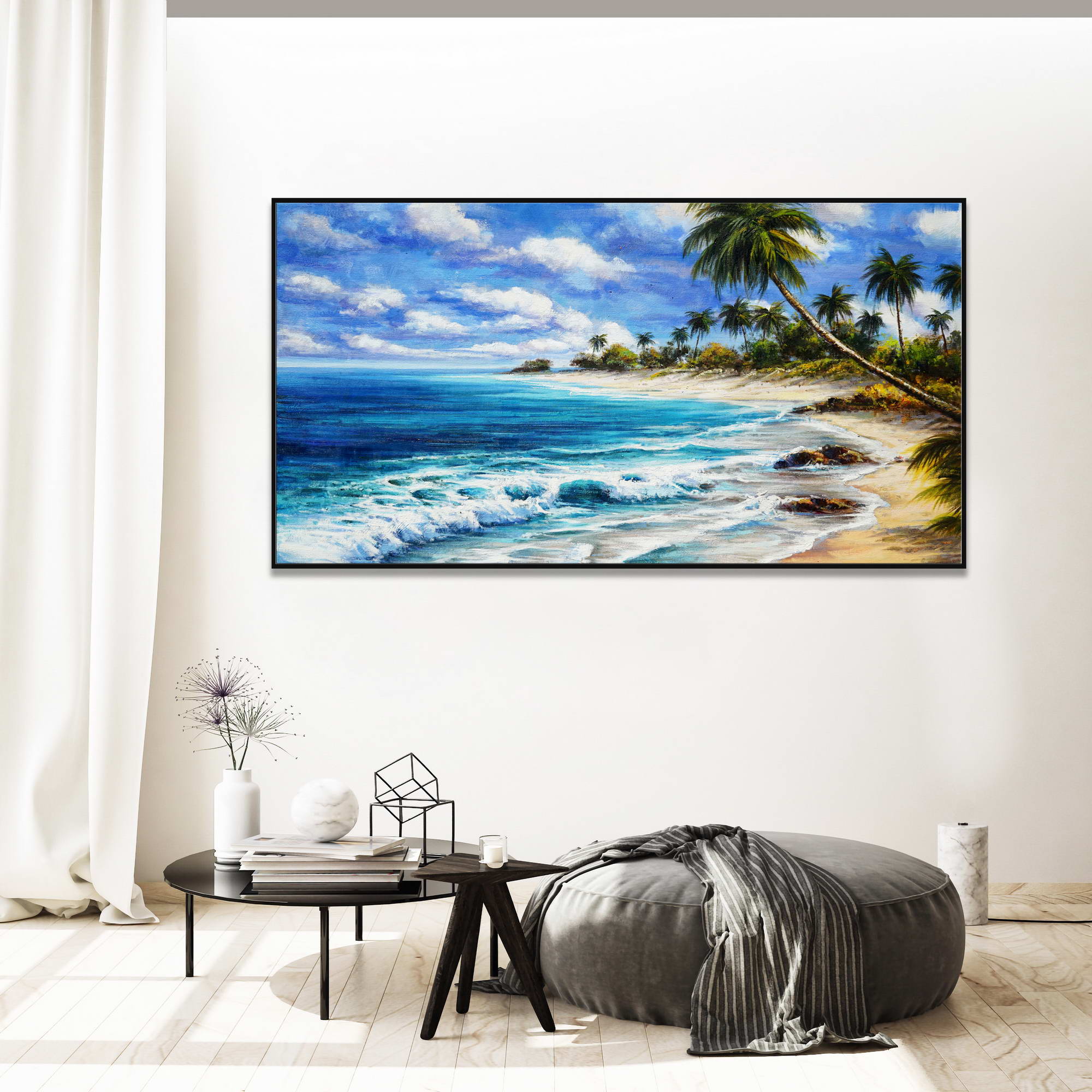 Dipinto a mano Paesaggio Marino Tropicale Palme 75x150cm