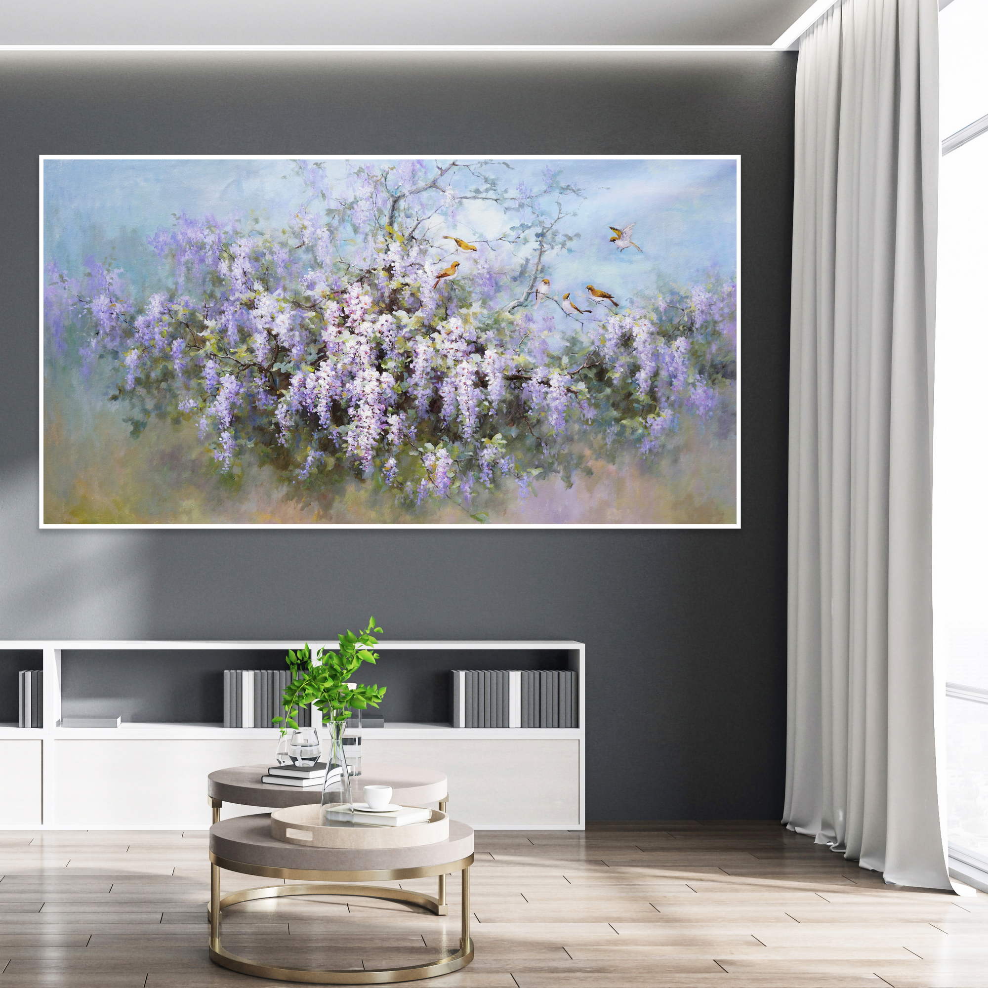 Hand painted Spring in Wisteria Blossom 90x180cm