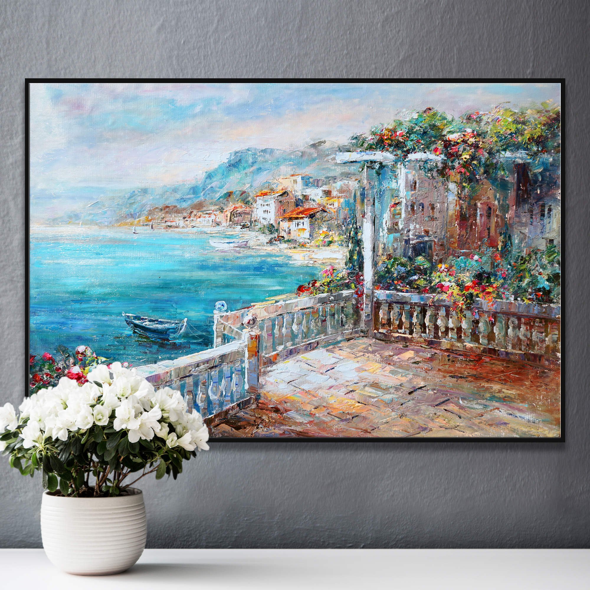 Dipinto a mano Terrazza fiorita Vista lago di Garda 60x90cm