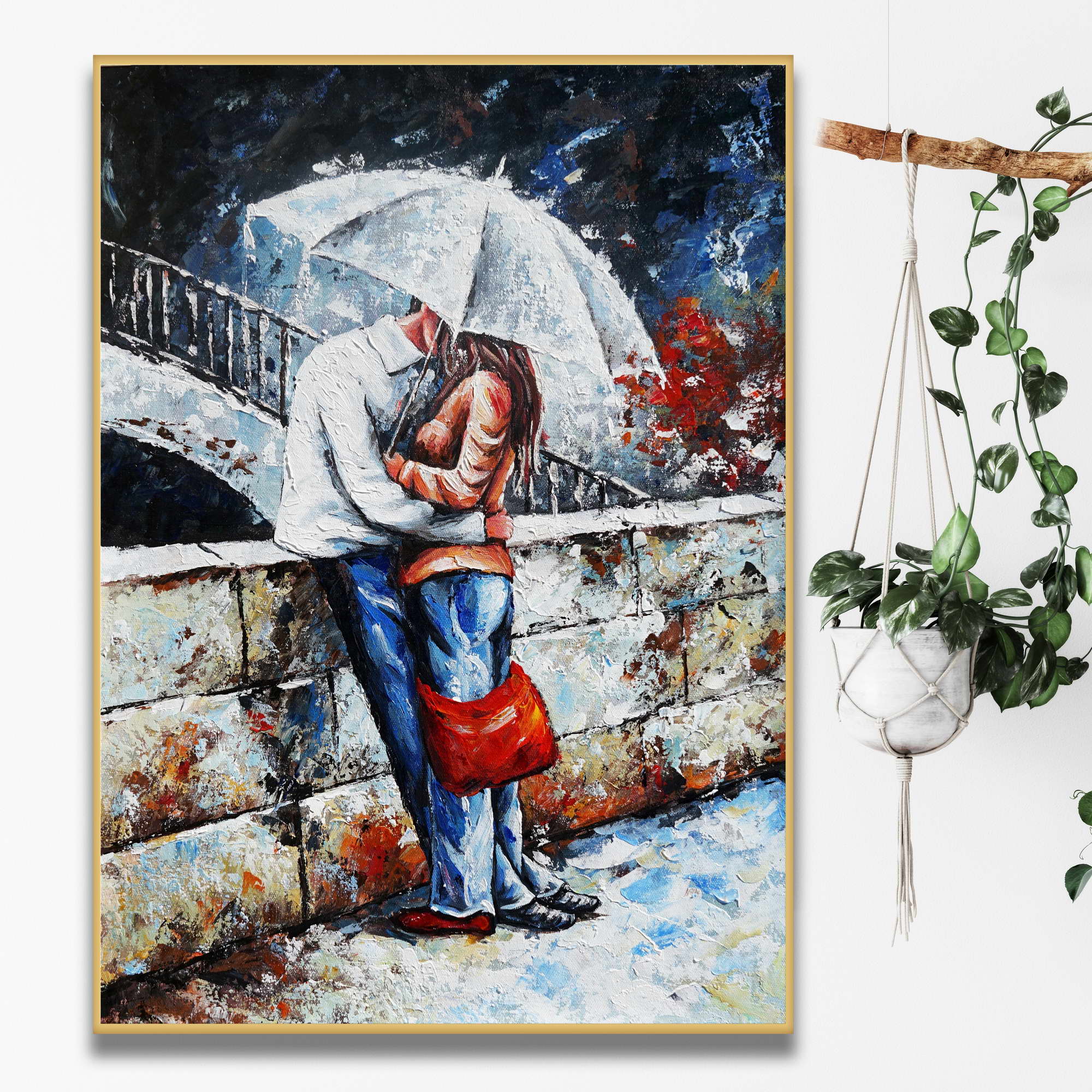 Hand painted Couple under umbrella 50x70cm