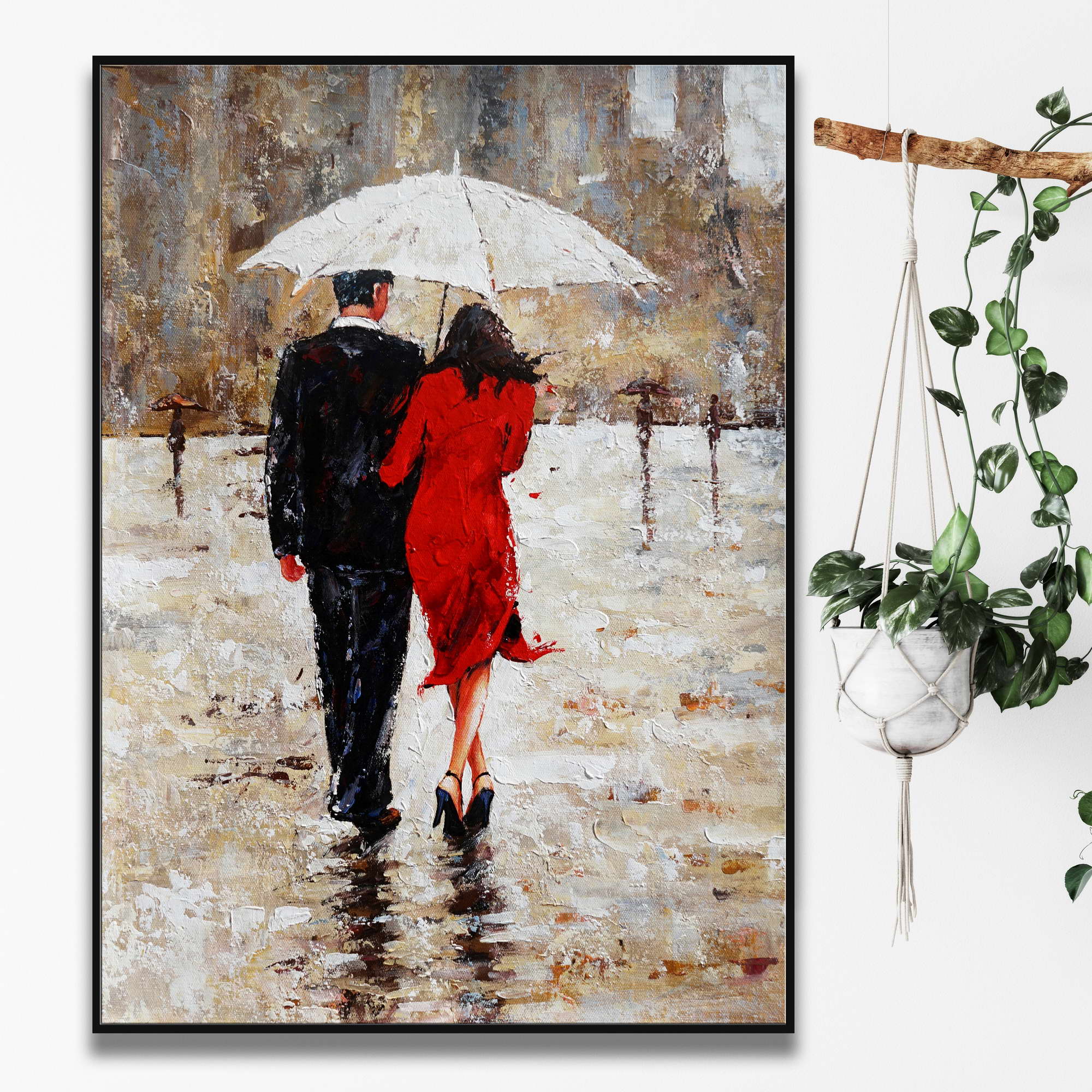 Couple peint à la main sous la pluie 50x70cm