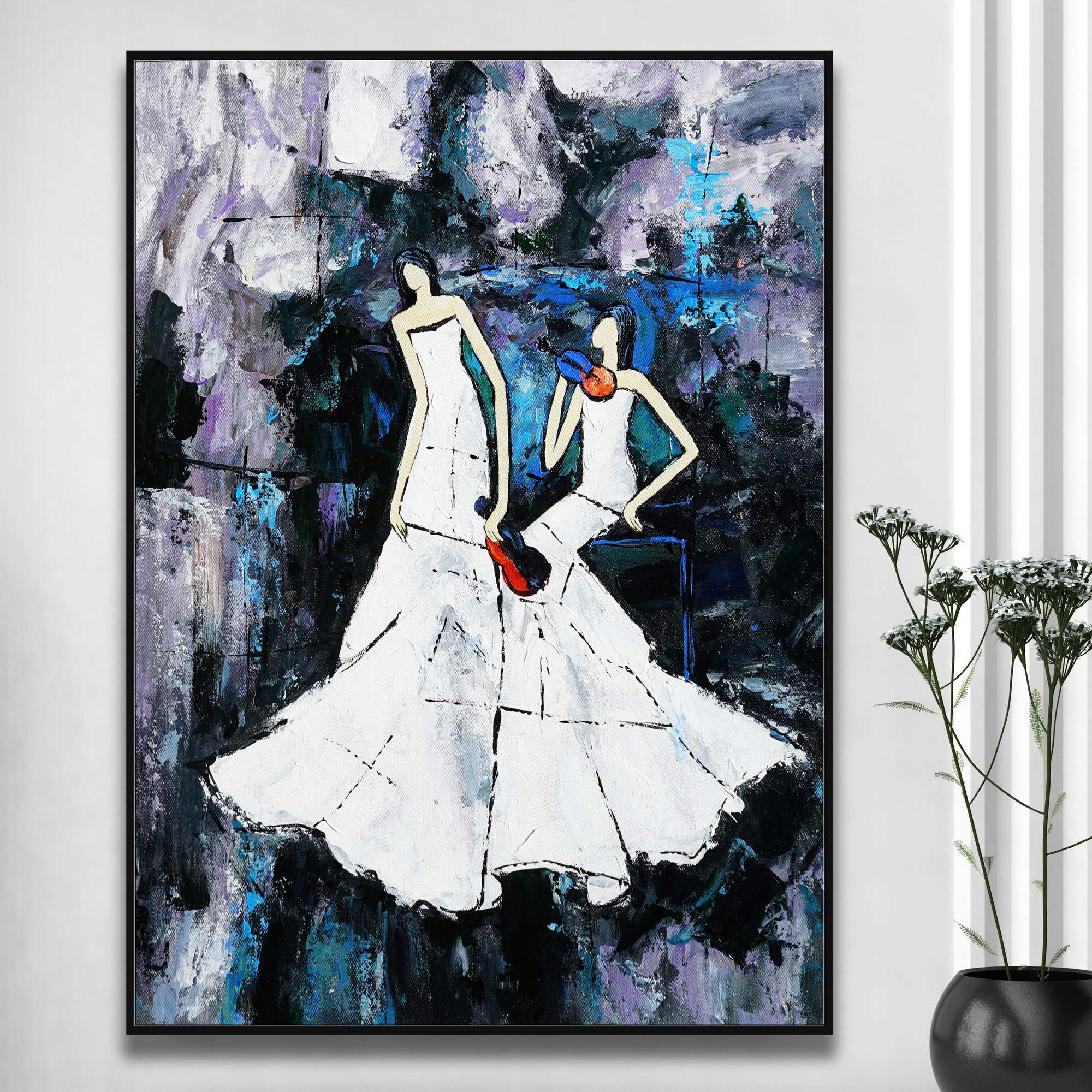 Paire de violonistes en robe blanche peinte à la main 50x70cm