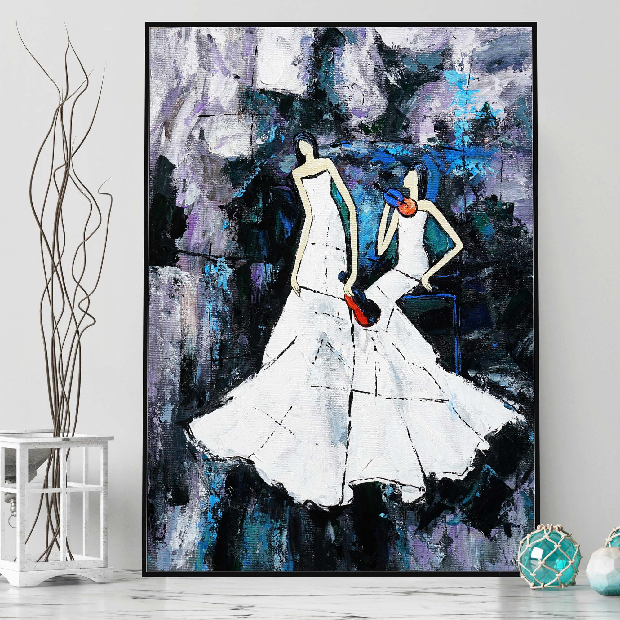 Paire de violonistes en robe blanche peinte à la main 50x70cm