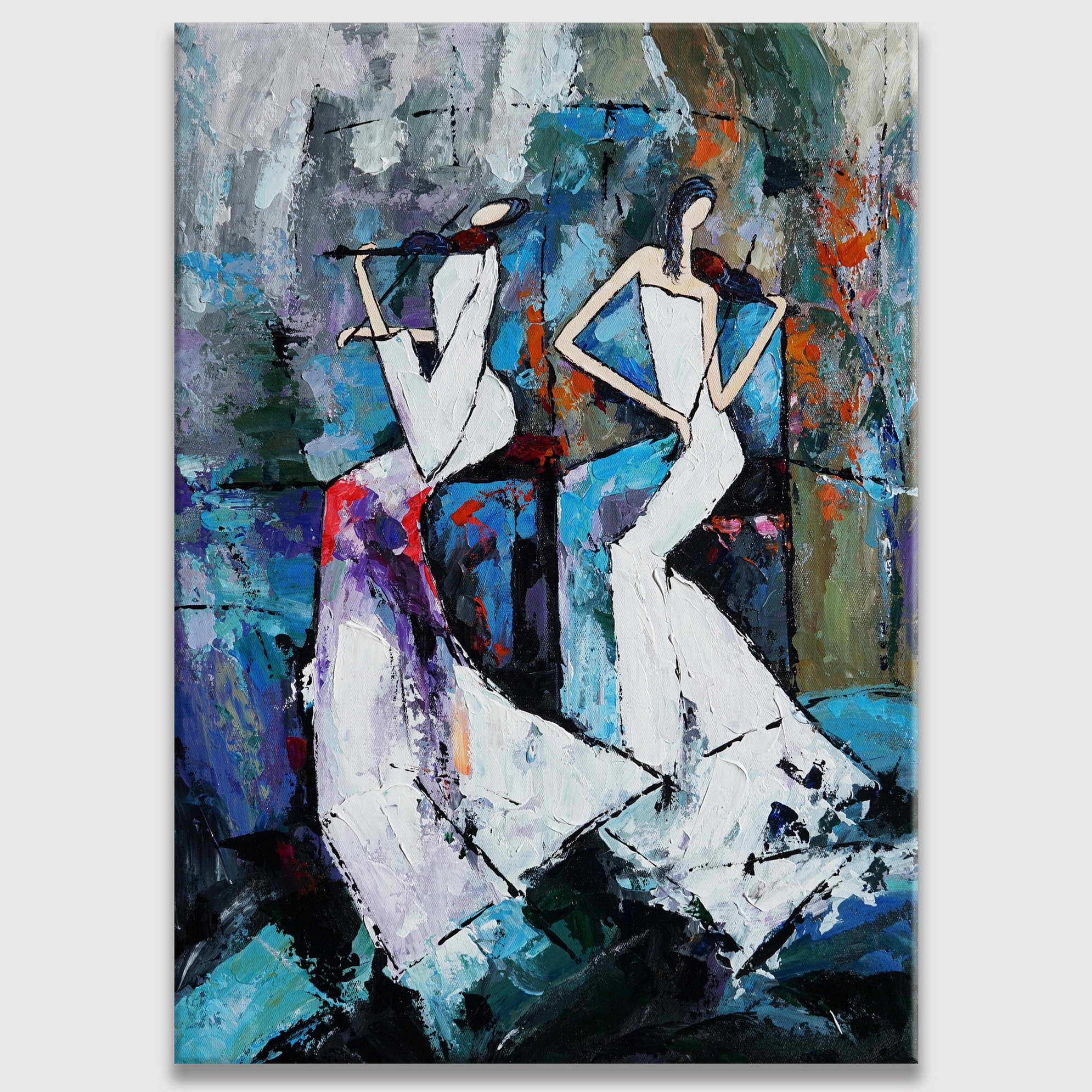 Violonistes abstraits peints à la main en robes blanches 50x70cm