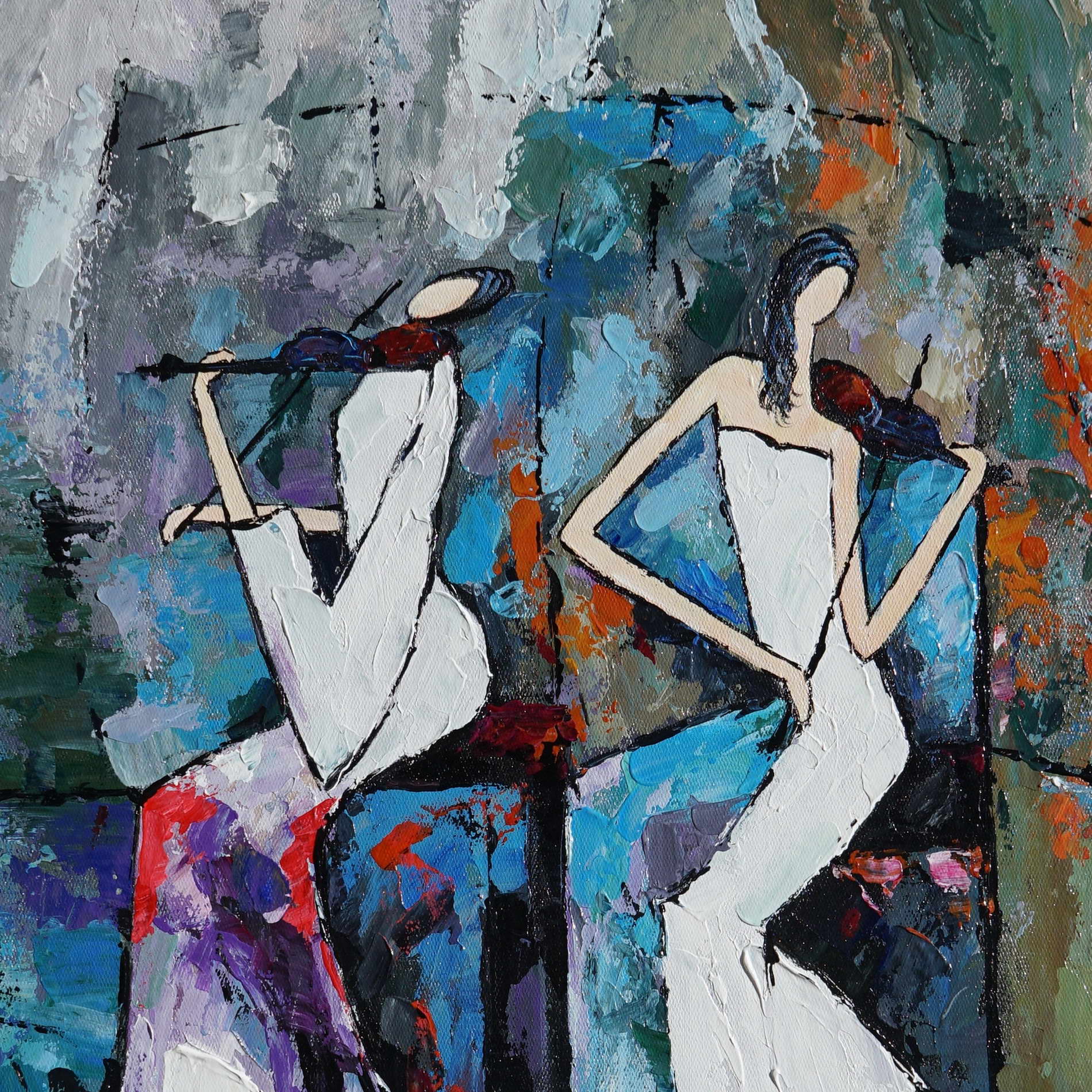 Violonistes abstraits peints à la main en robes blanches 50x70cm