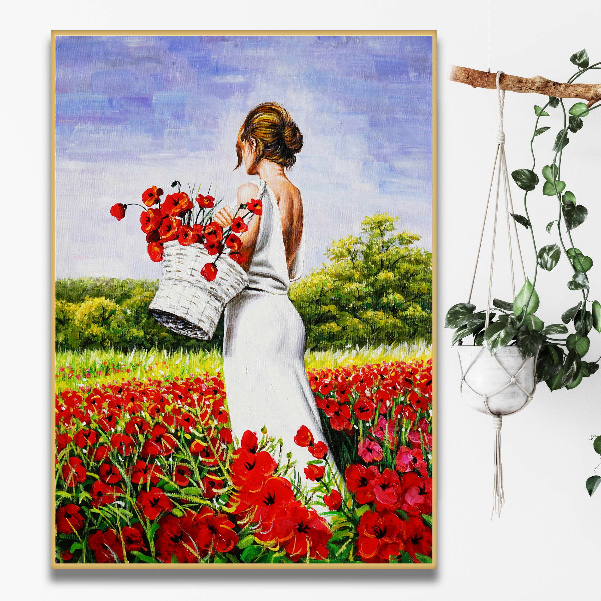 Donna con cesto di papaveri in un campo fiorito