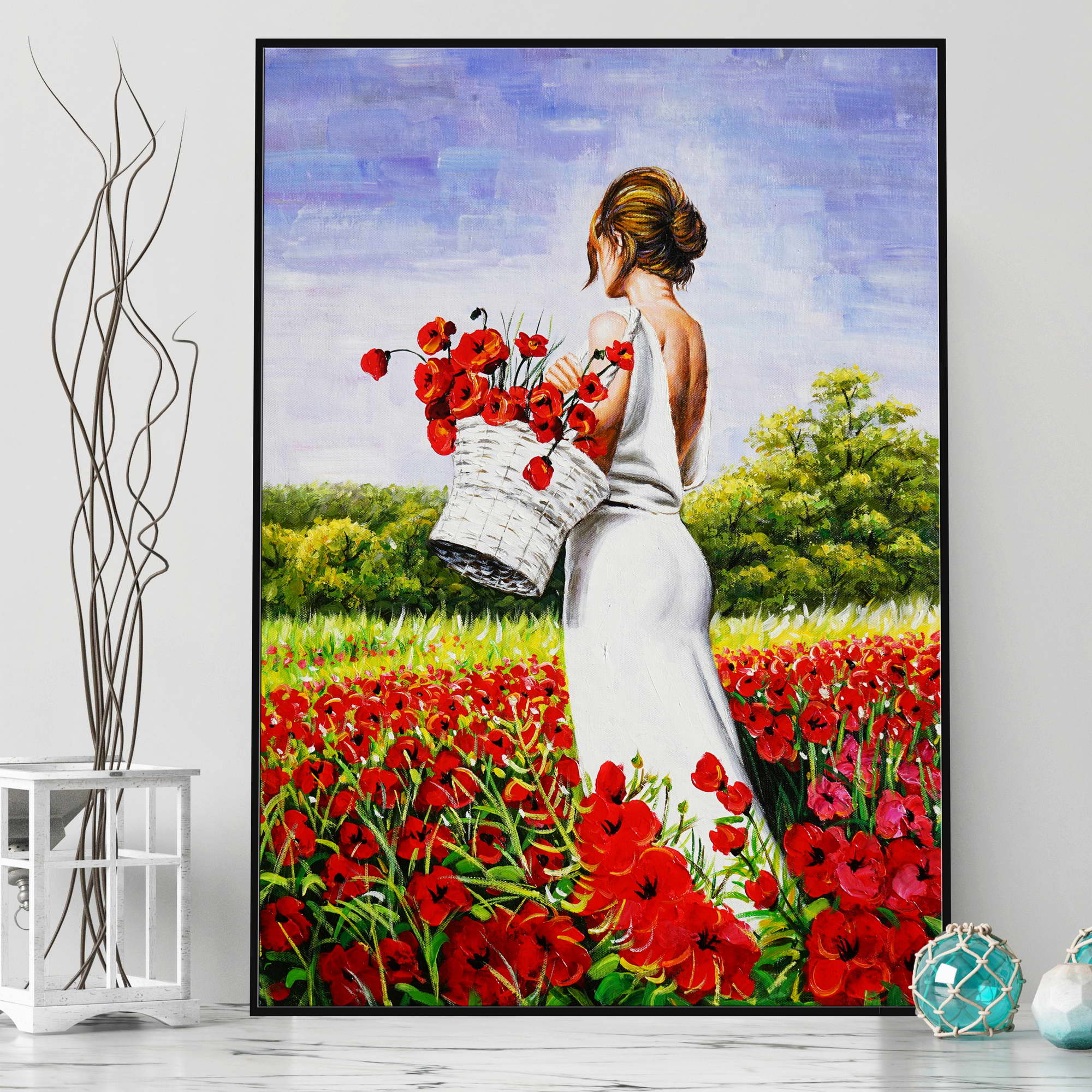 Hand painted Woman in a Poppy Field 50x70cm