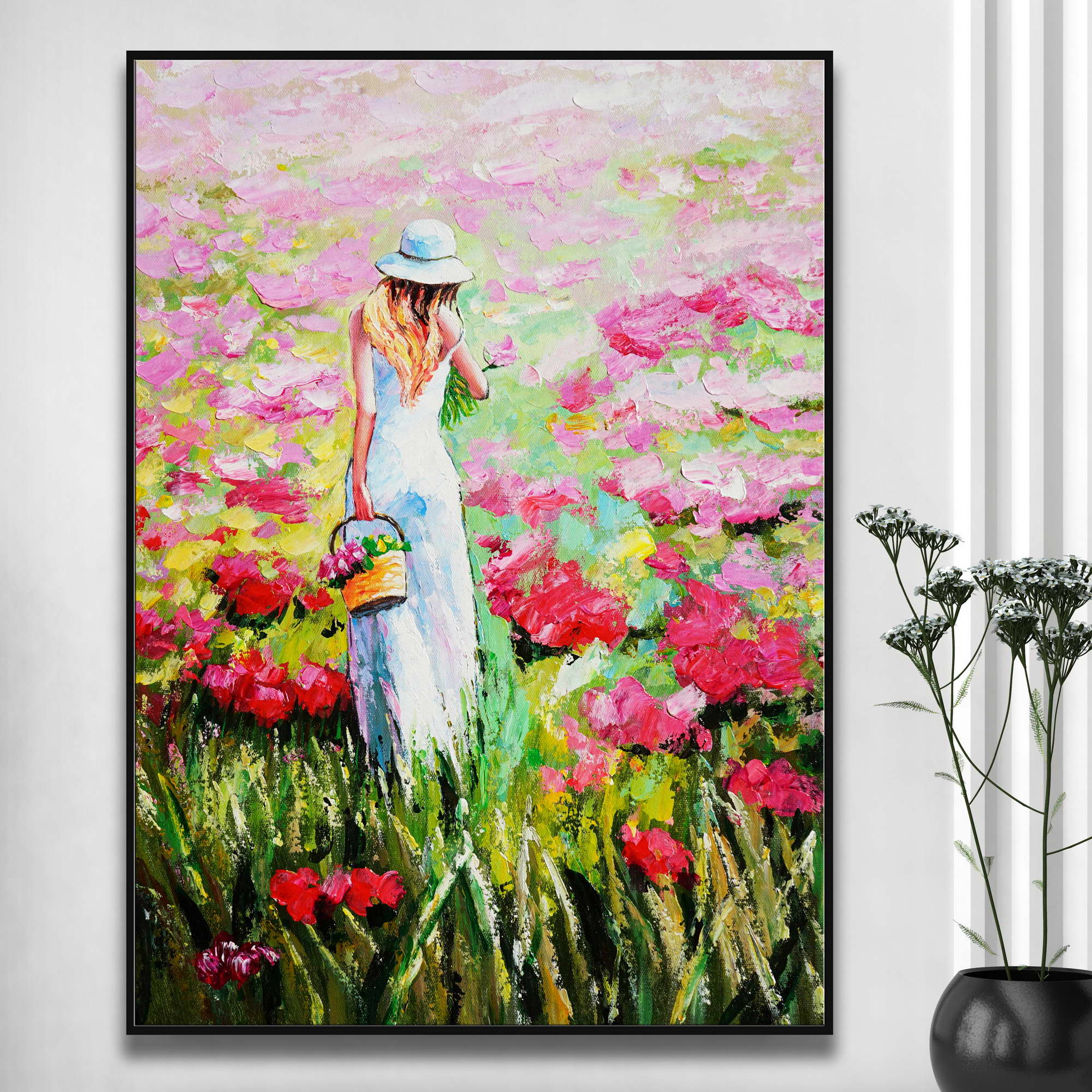 Dame peinte à la main dans un champ de fleurs 50x70cm