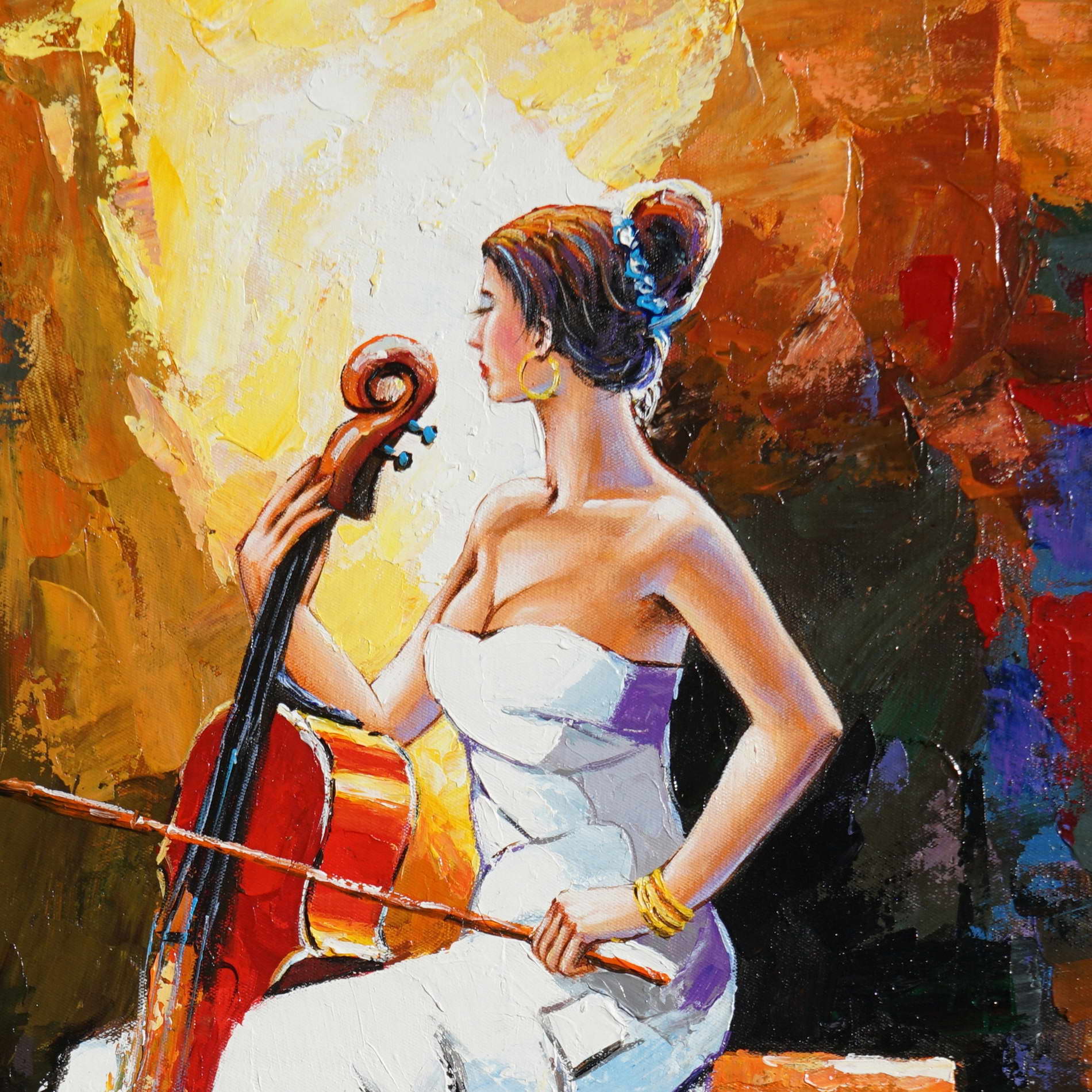 Dipinto a mano Donna con violoncello 50x70cm