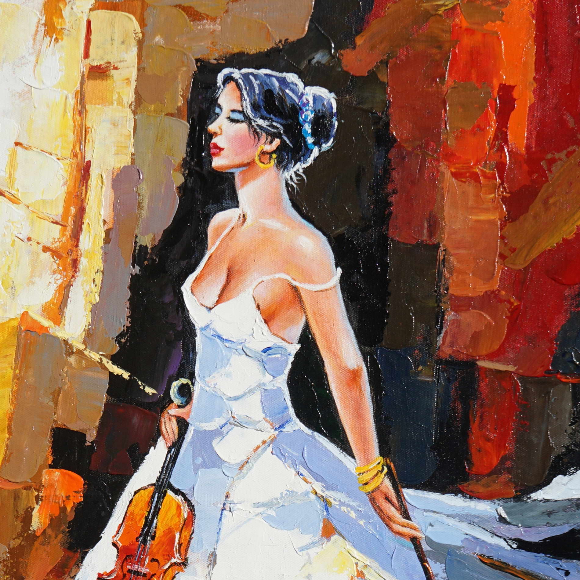Hand painted Violinist in elegant dress 50x70cm