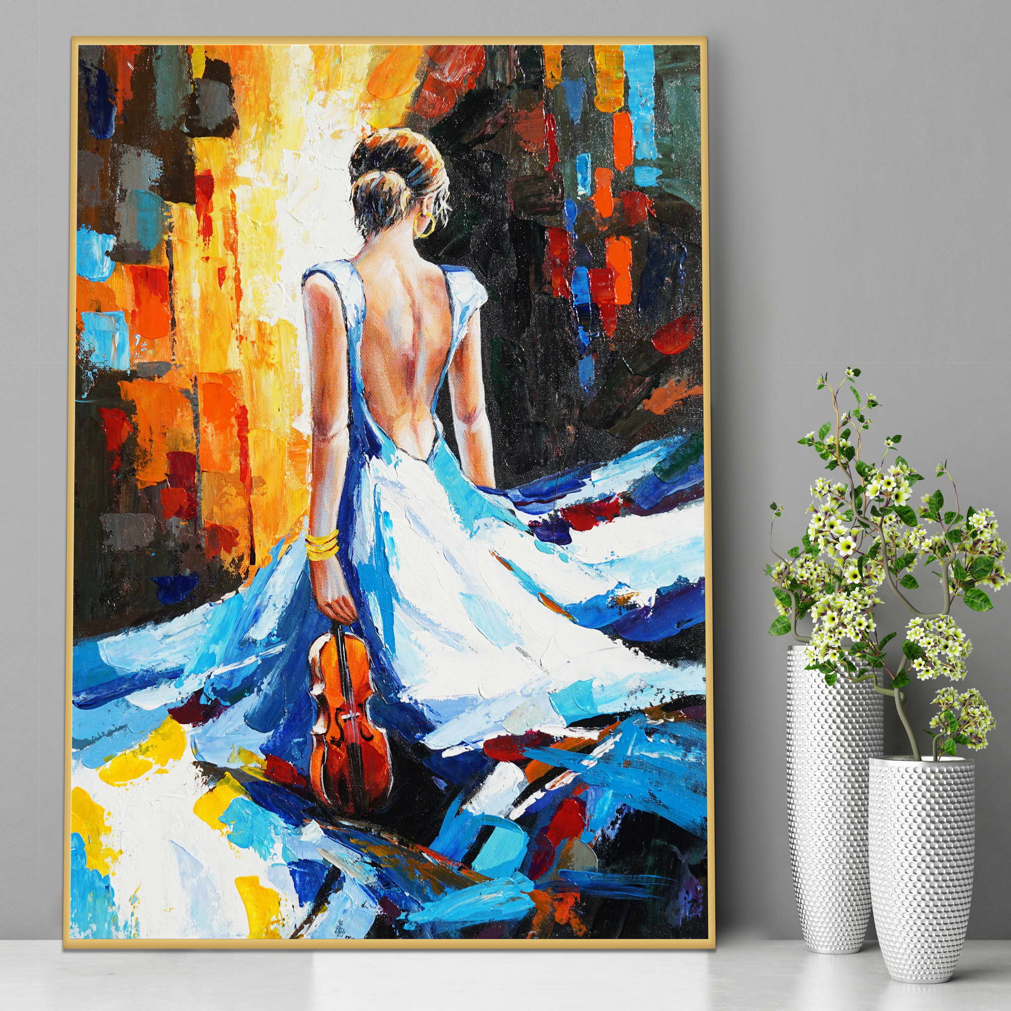 Violoniste abstrait peint à la main en robe blanche 50x70cm