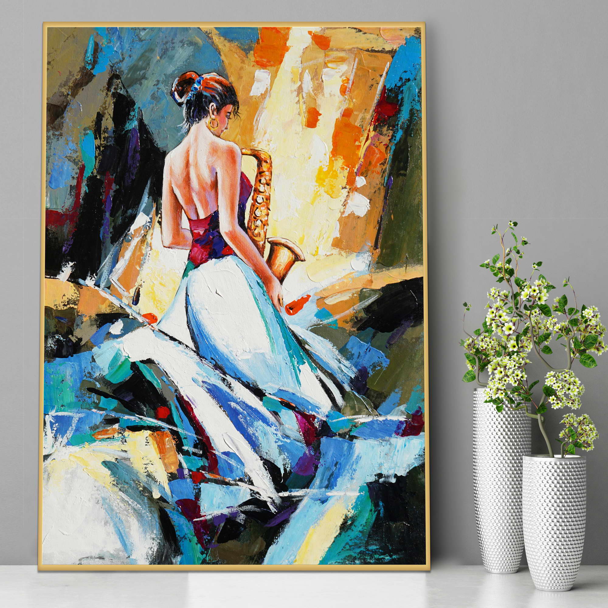 Hand painted Abstract Saxophonist in white dress 50x70cm