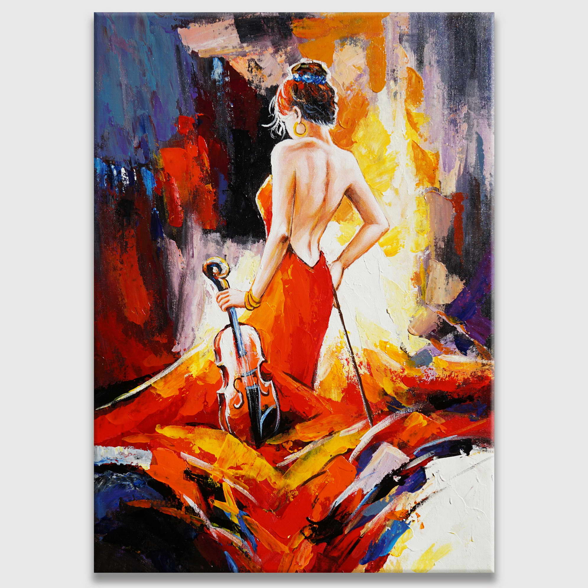 Violoniste abstrait peint à la main en robe rouge 50x70cm