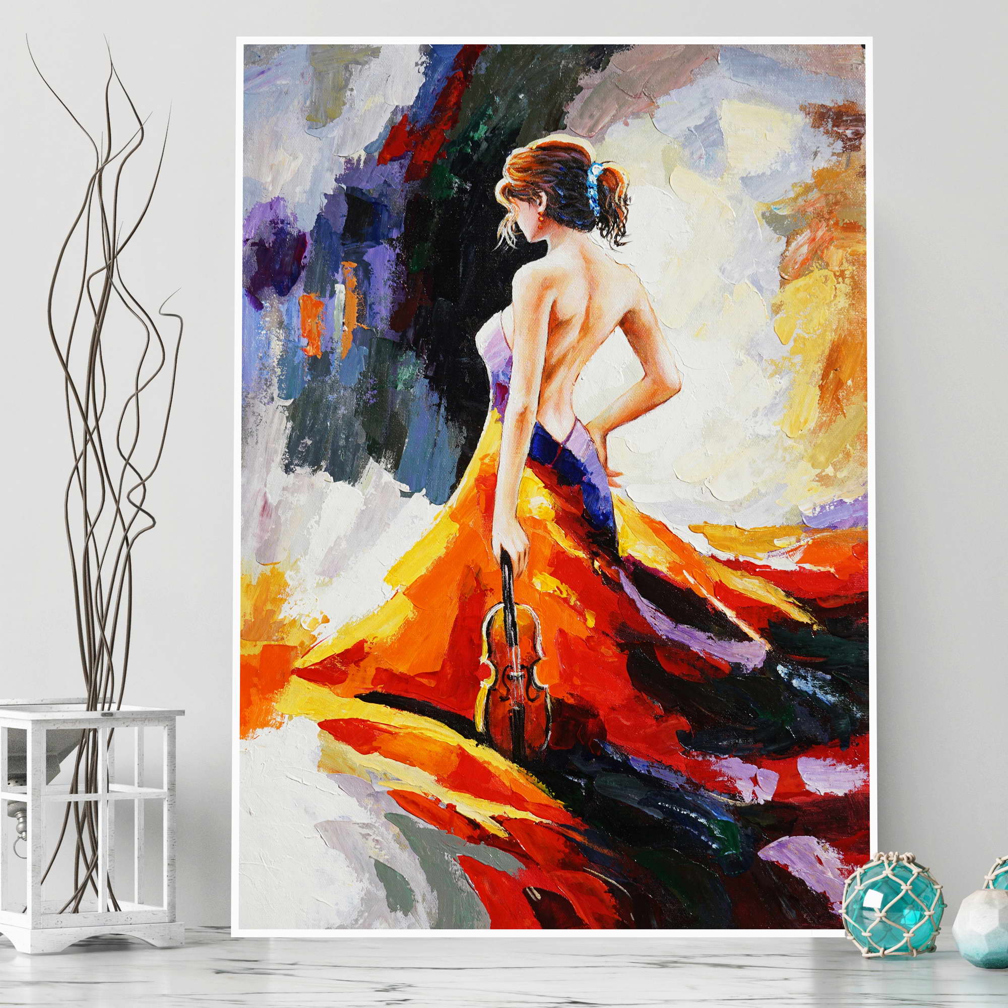 Hand painted Abstract violinist in red dress 50x70cm