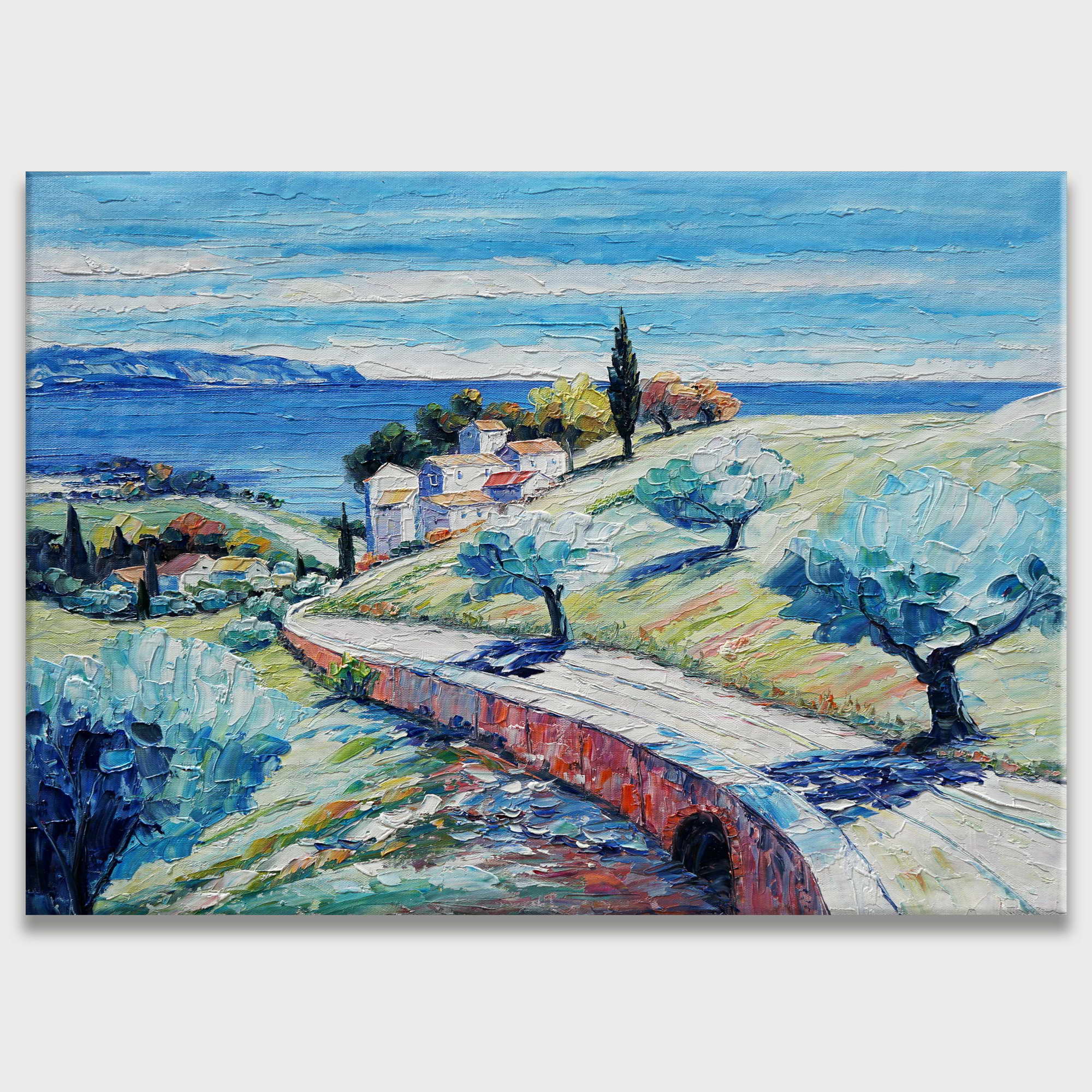 Paysage côtier méditerranéen peint à la main 50x70cm