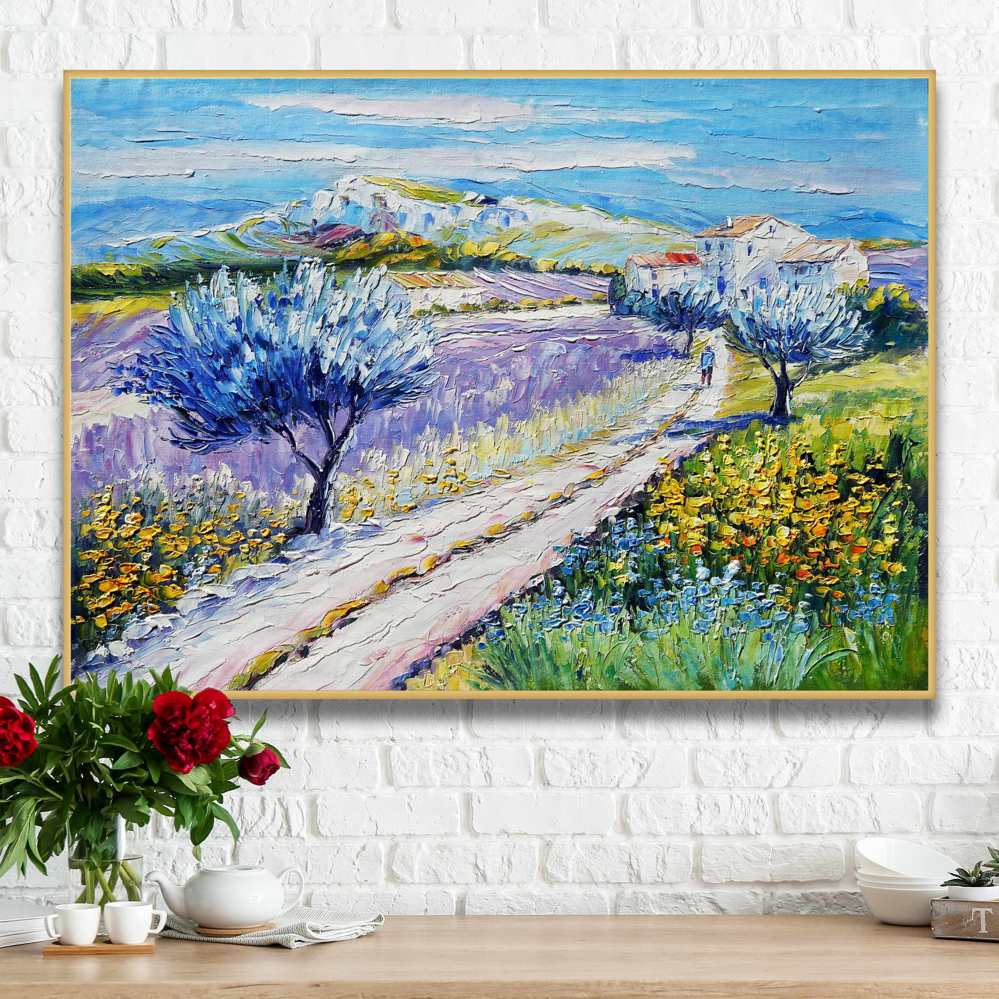 Dipinto di paesaggio campestre con alberi blu e fiori gialli